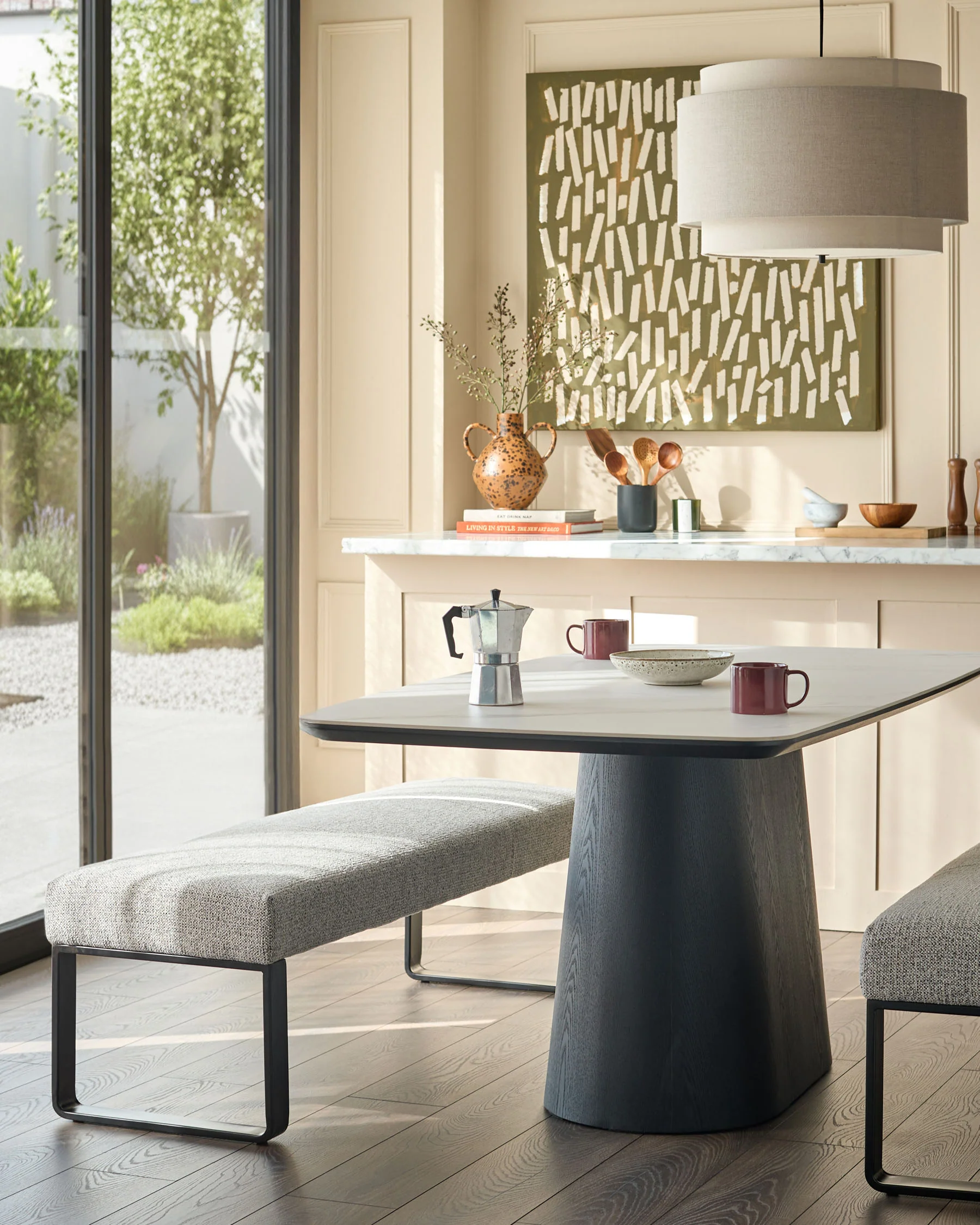 Loop grey fabric 3 seater black metal dining bench without backrest - Image 2