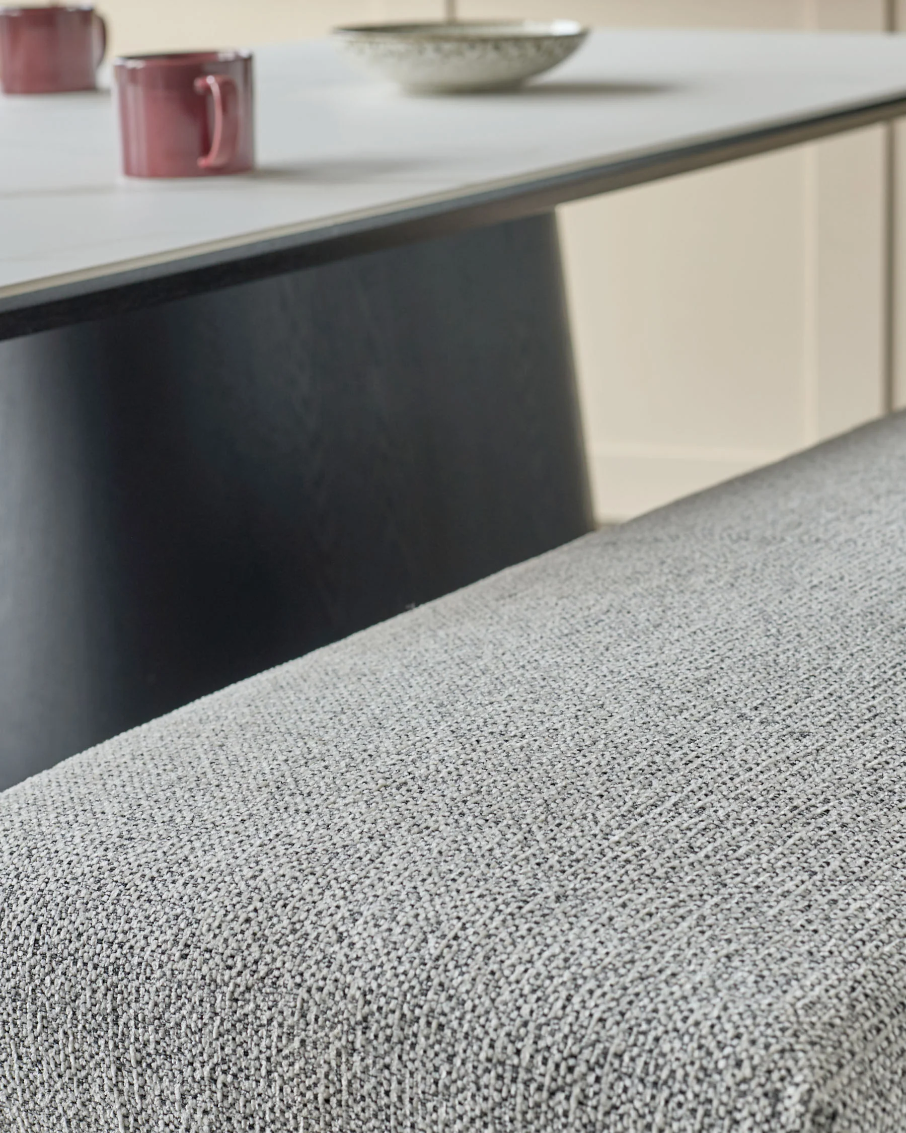 Loop grey fabric 3 seater black metal dining bench without backrest - Image 7