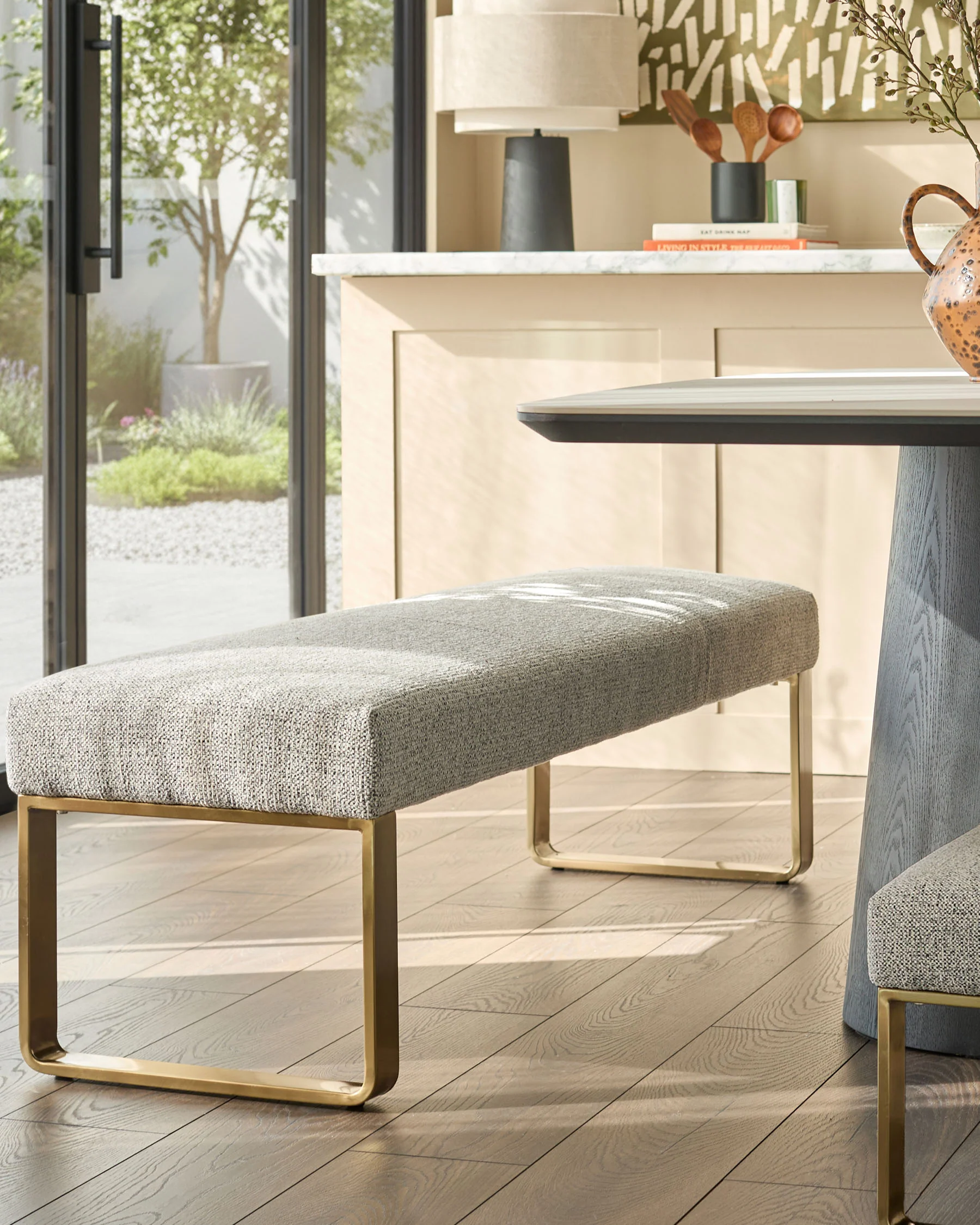 Loop grey fabric brushed brass 3 seater dining bench without backrest