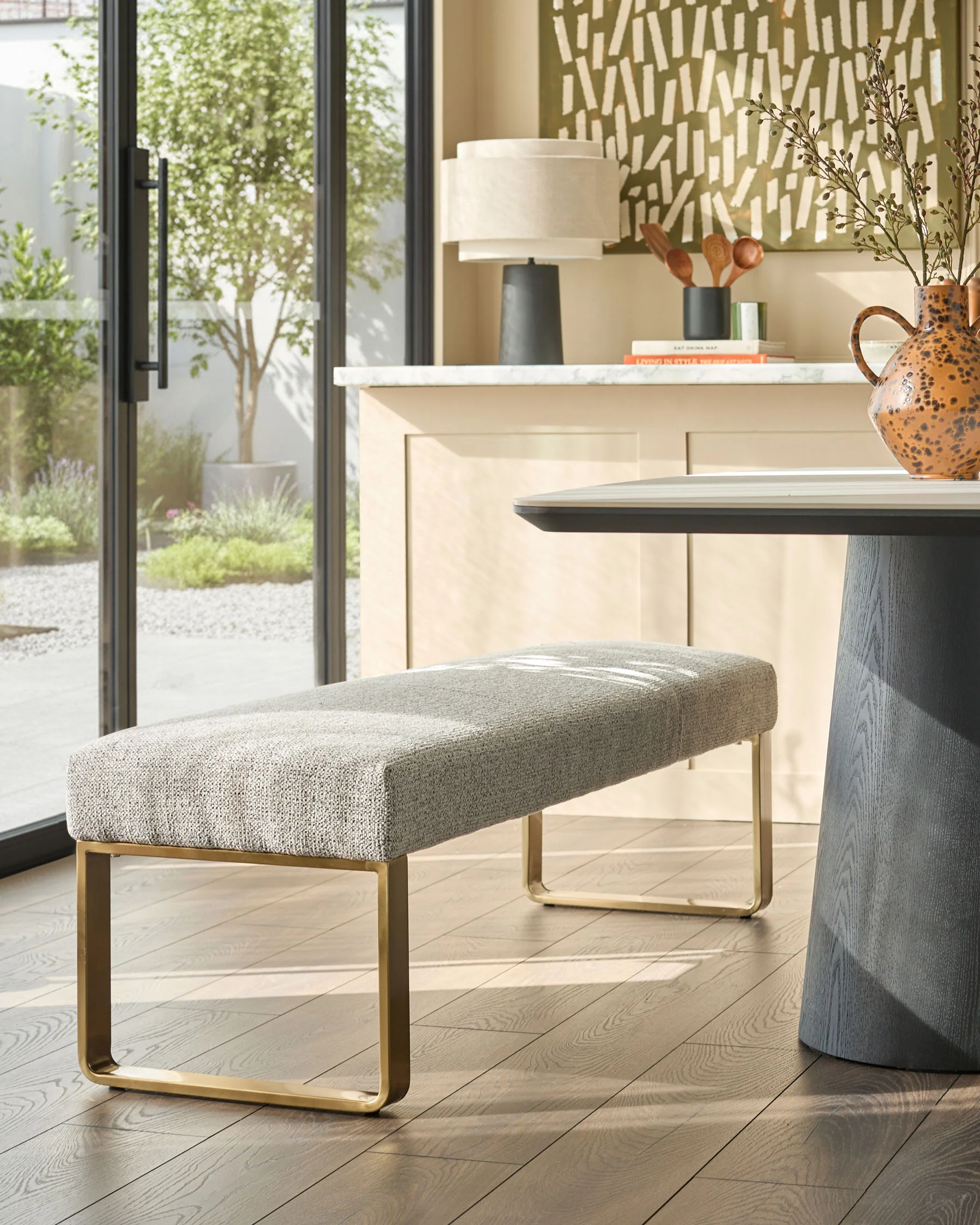 Loop grey fabric brushed brass 3 seater dining bench without backrest - Image 2