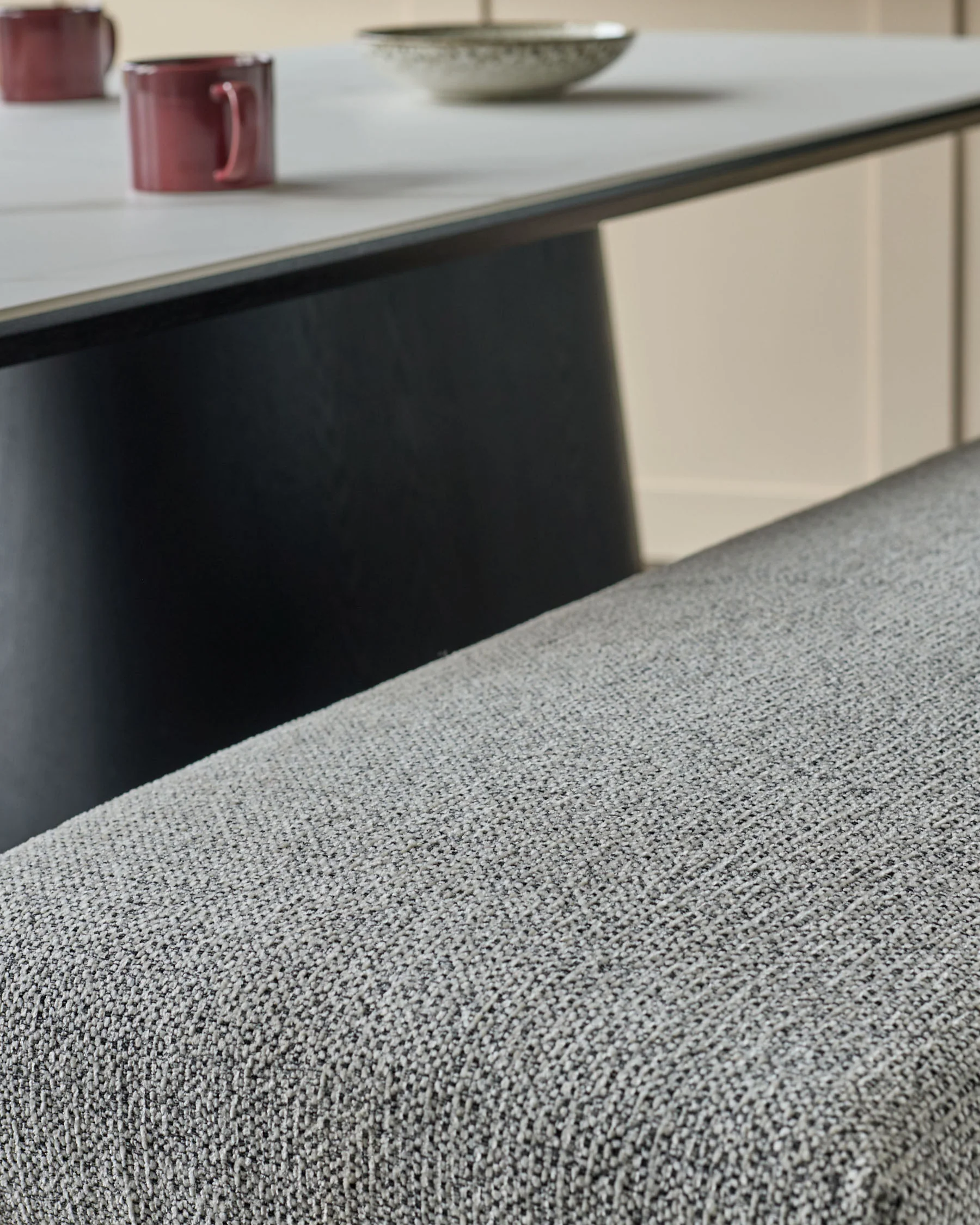 Loop grey fabric brushed brass 3 seater dining bench without backrest - Image 3