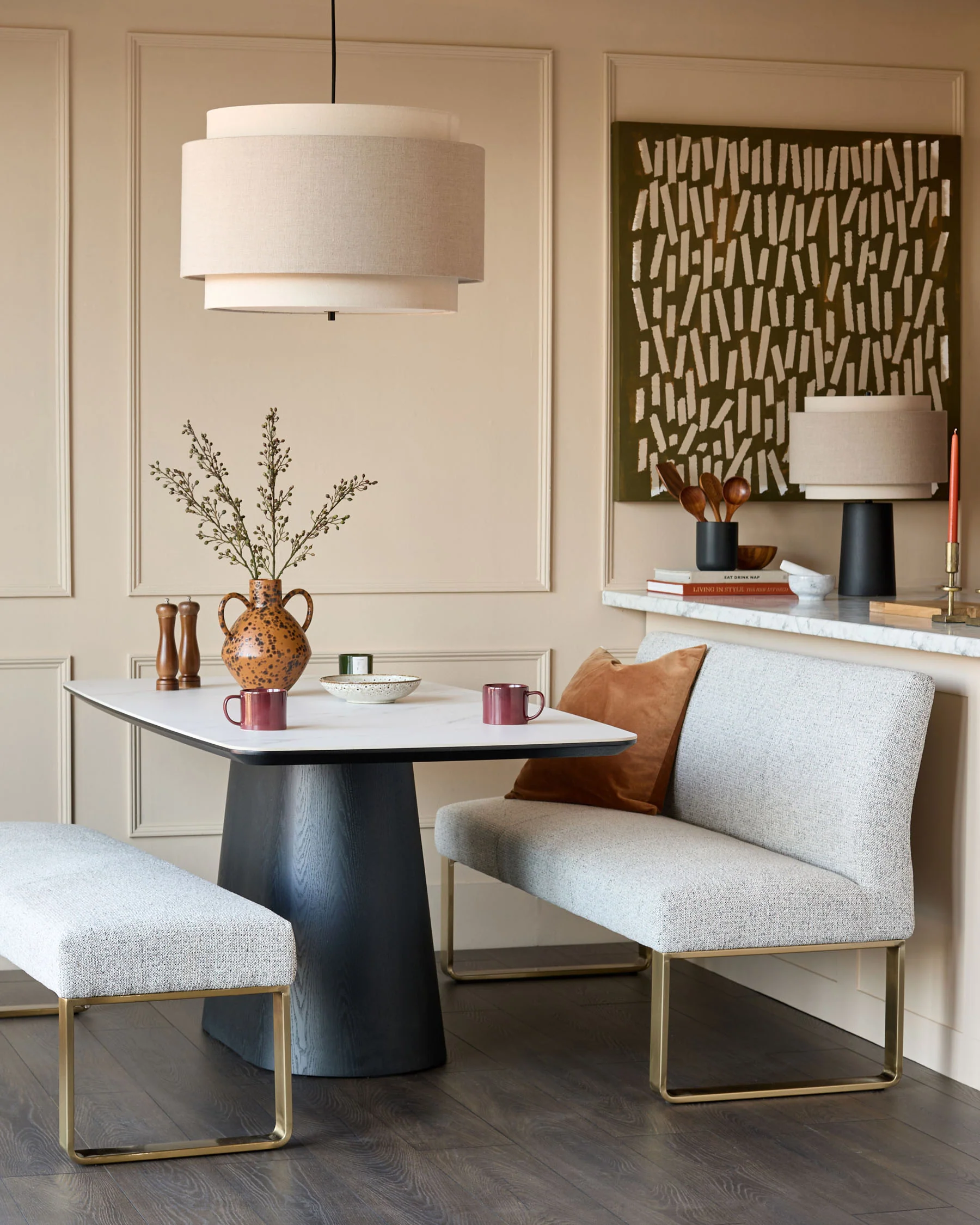 Loop grey fabric brushed brass 3 seater dining bench without backrest - Image 4