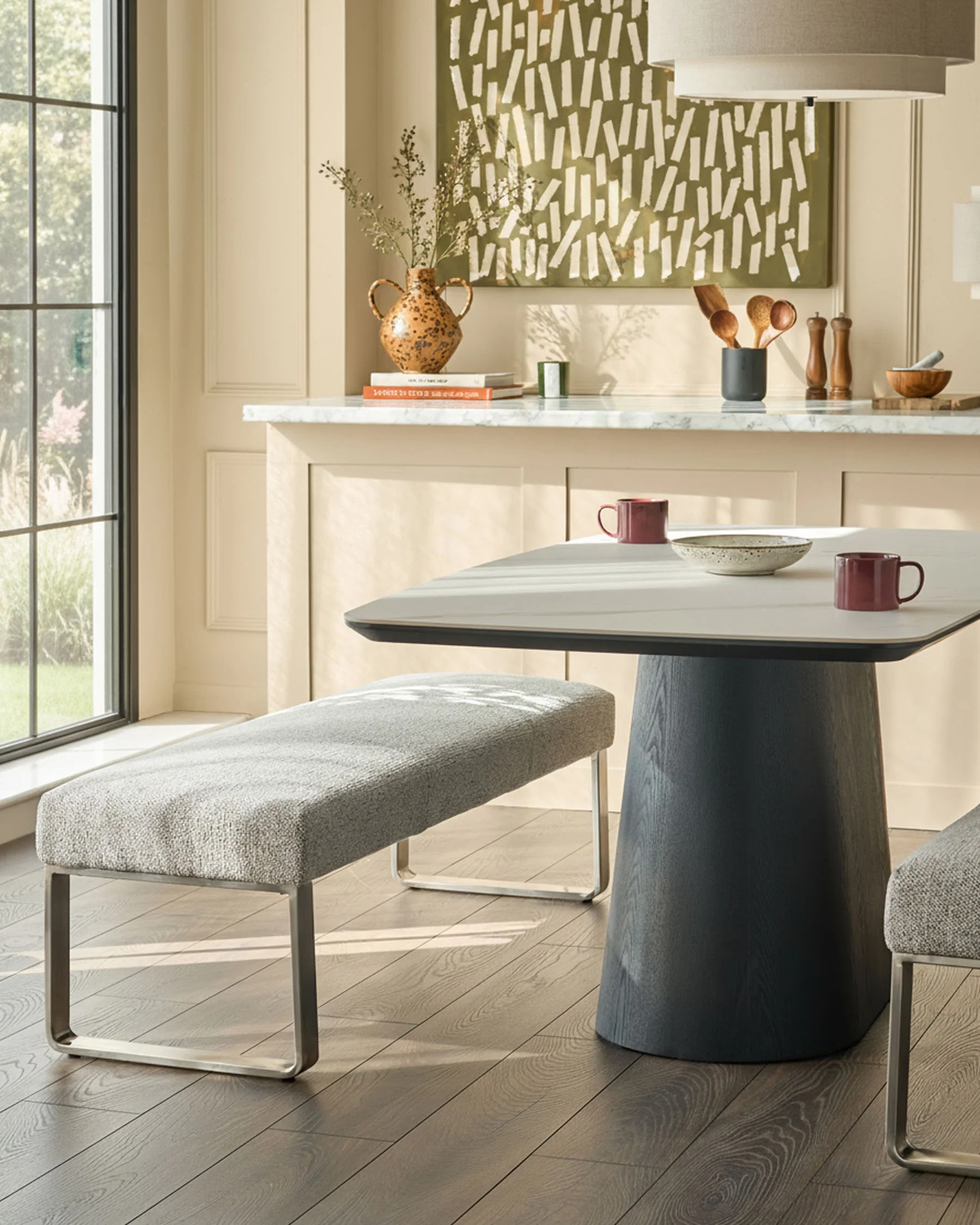 Loop grey fabric stainless steel 3 seater dining bench without backrest - Image 2