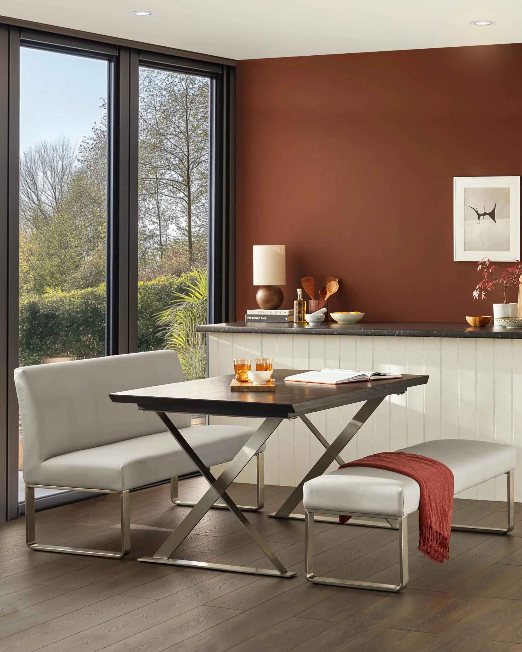Loop 3 Seater Light Grey Faux Leather & Stainless Steel Dining Bench With Backrest - Image 4