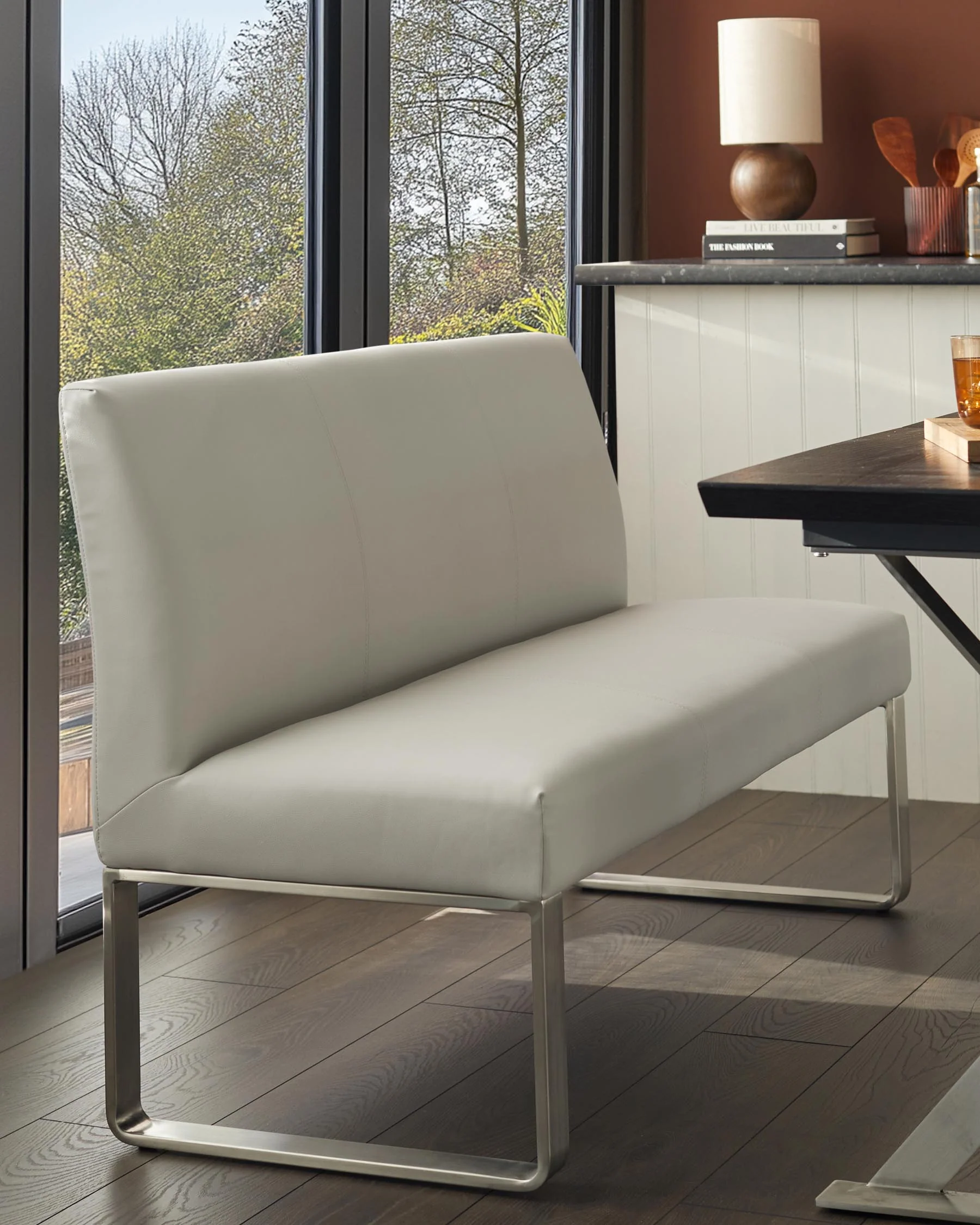 Loop 3 Seater Light Grey Faux Leather & Stainless Steel Dining Bench With Backrest - Image 5