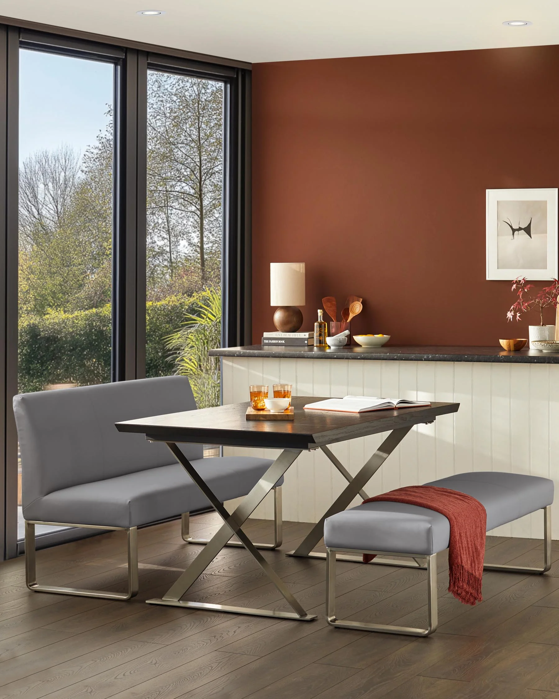 Loop 3 Seater Grey Faux Leather & Stainless Steel Dining Bench With Backrest - Image 4