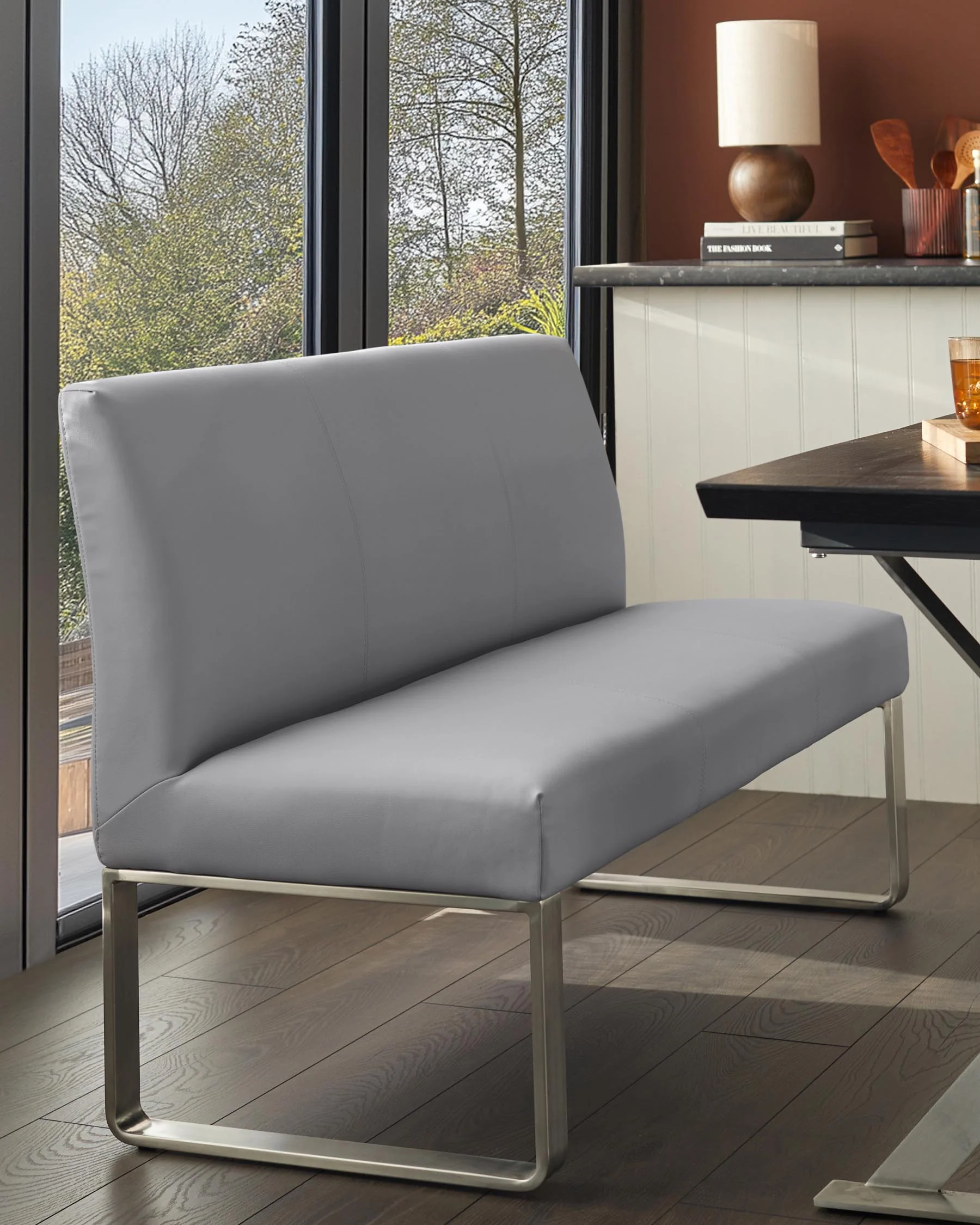 Loop 3 Seater Grey Faux Leather & Stainless Steel Dining Bench With Backrest - Image 5