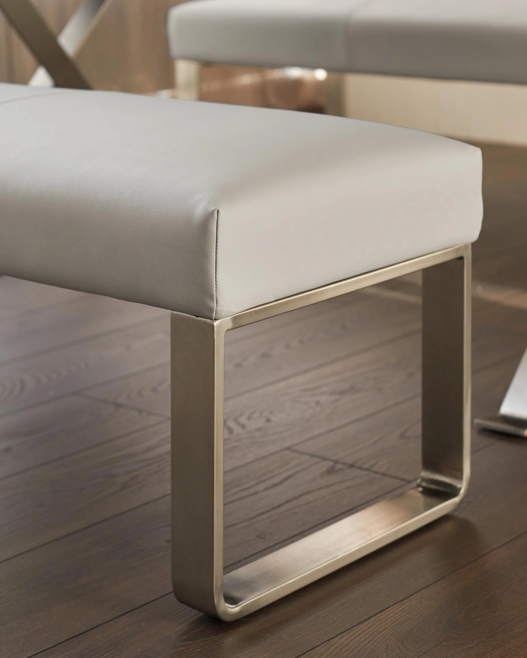 Loop 3 Seater Light Grey Faux Leather & Stainless Steel Bench Without Backrest - Image 3