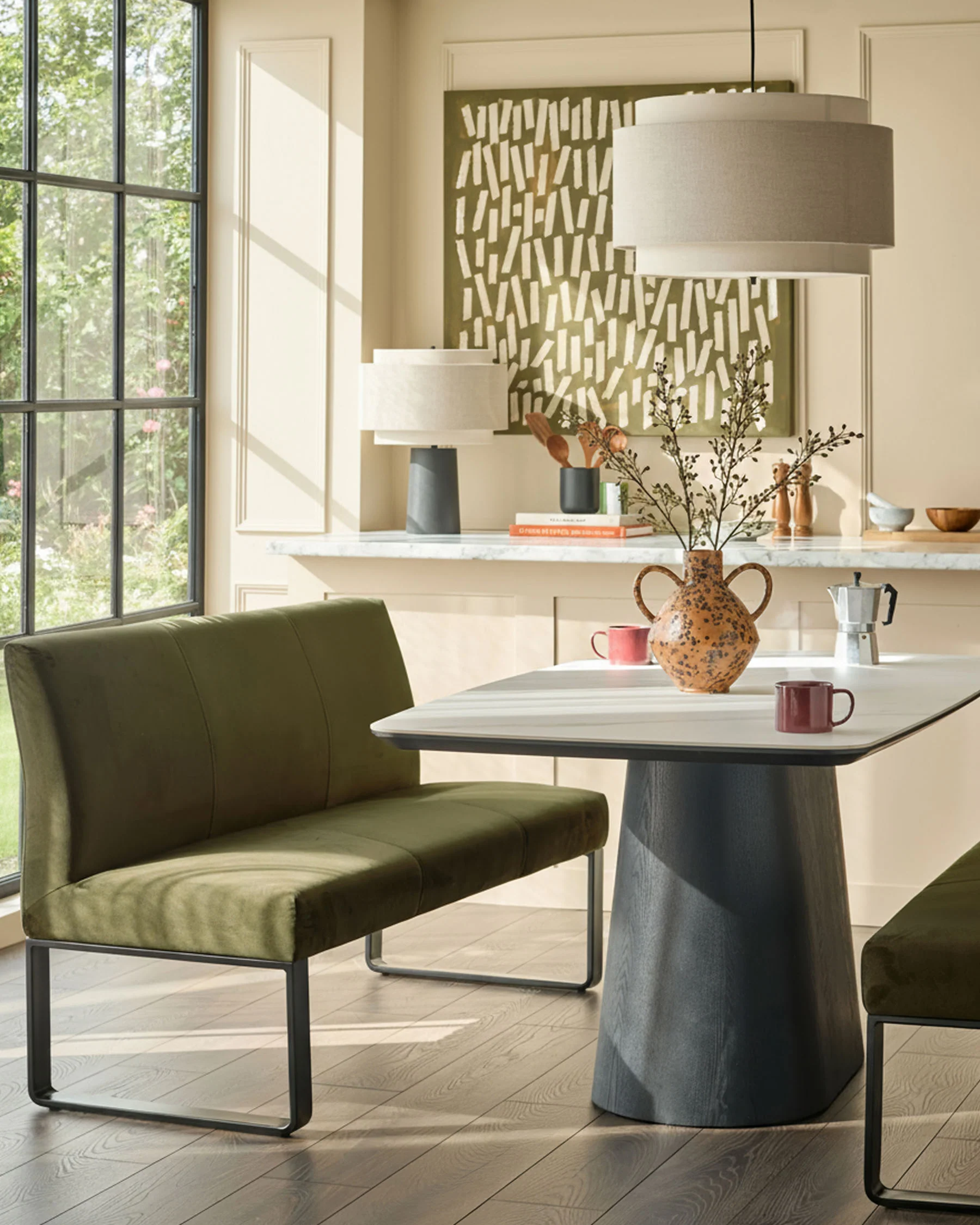 Loop olive green velvet 3 seater black metal dining bench with backrest - Image 2