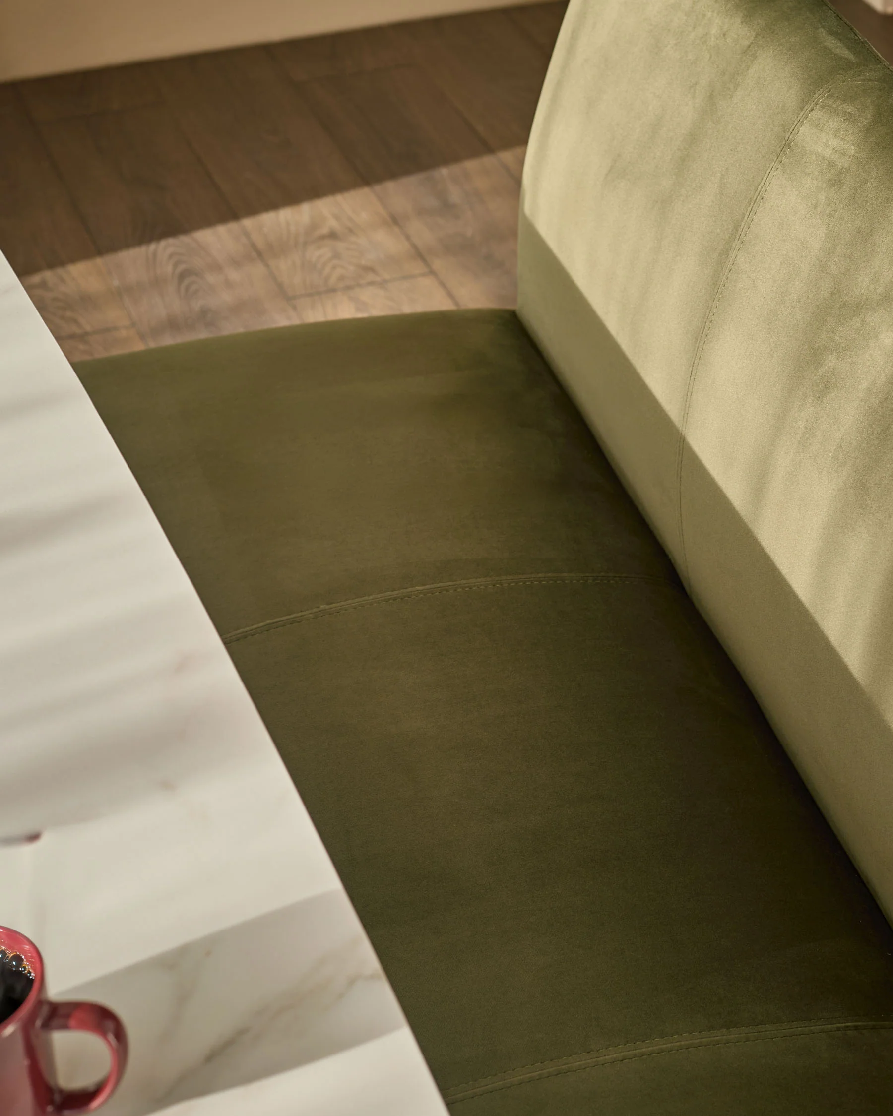 Loop olive green velvet 3 seater black metal dining bench with backrest - Image 3