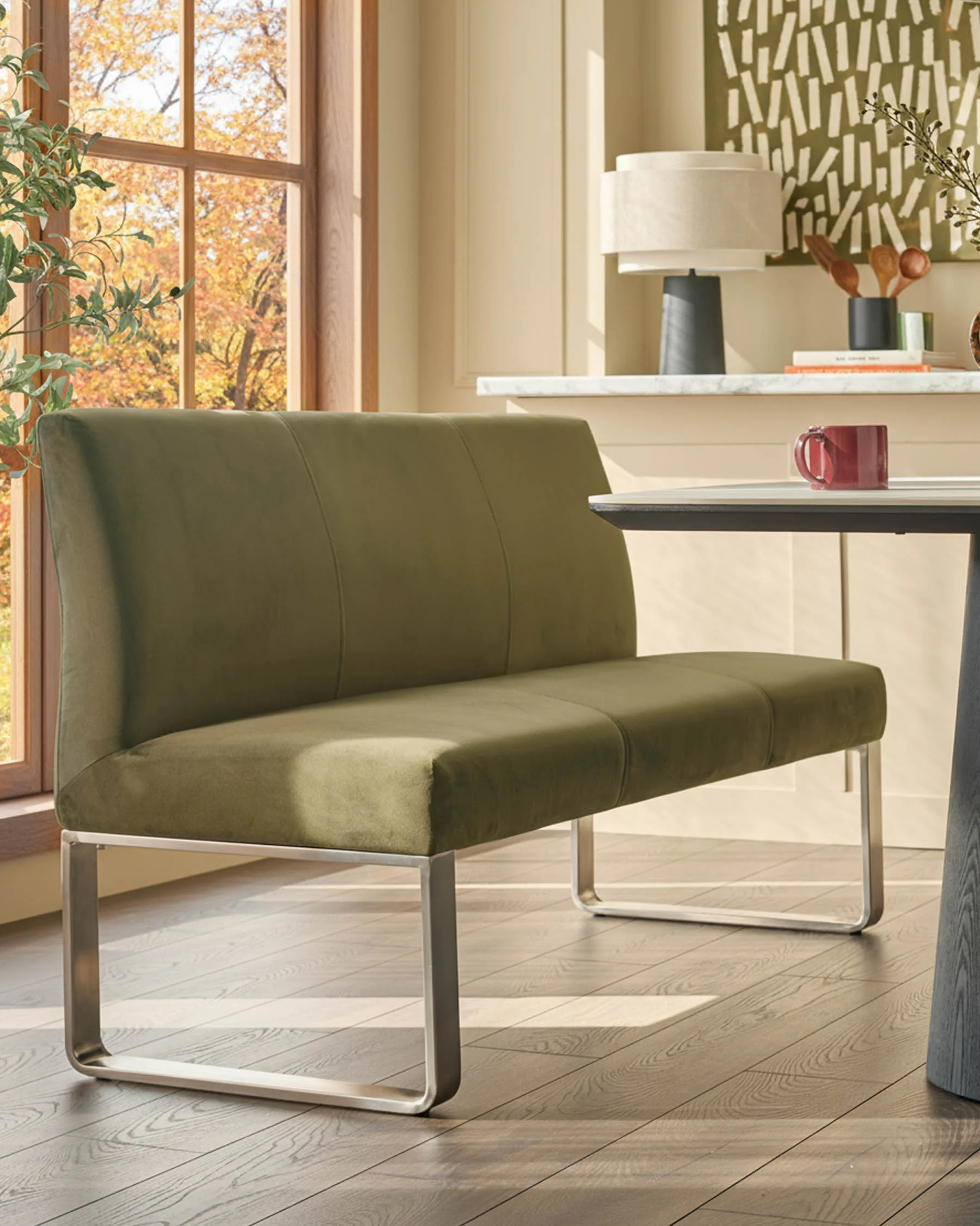 Loop olive green velvet stainless steel 3 seater dining bench with backrest