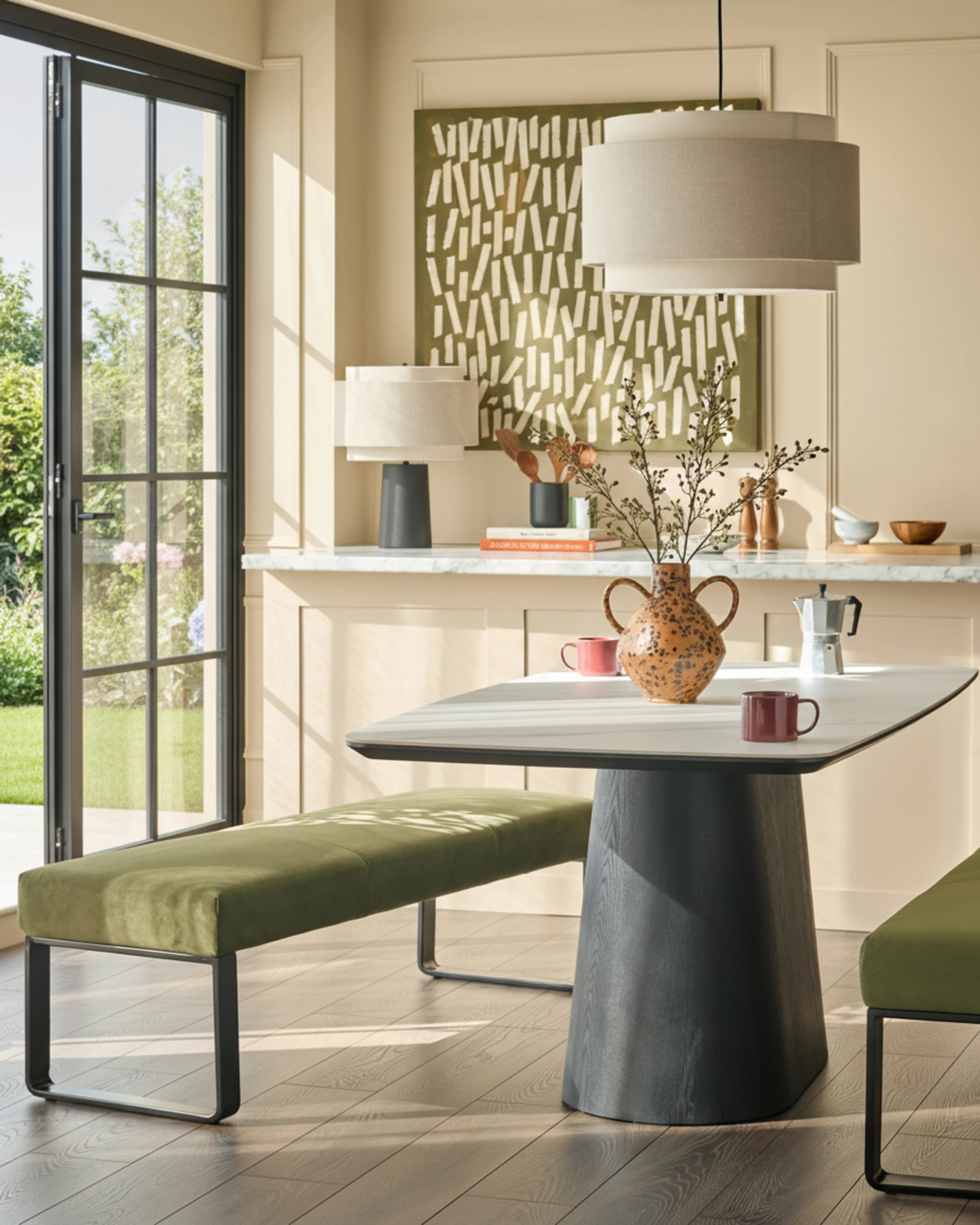 Loop olive green velvet 3 seater black metal dining bench without backrest - Image 2