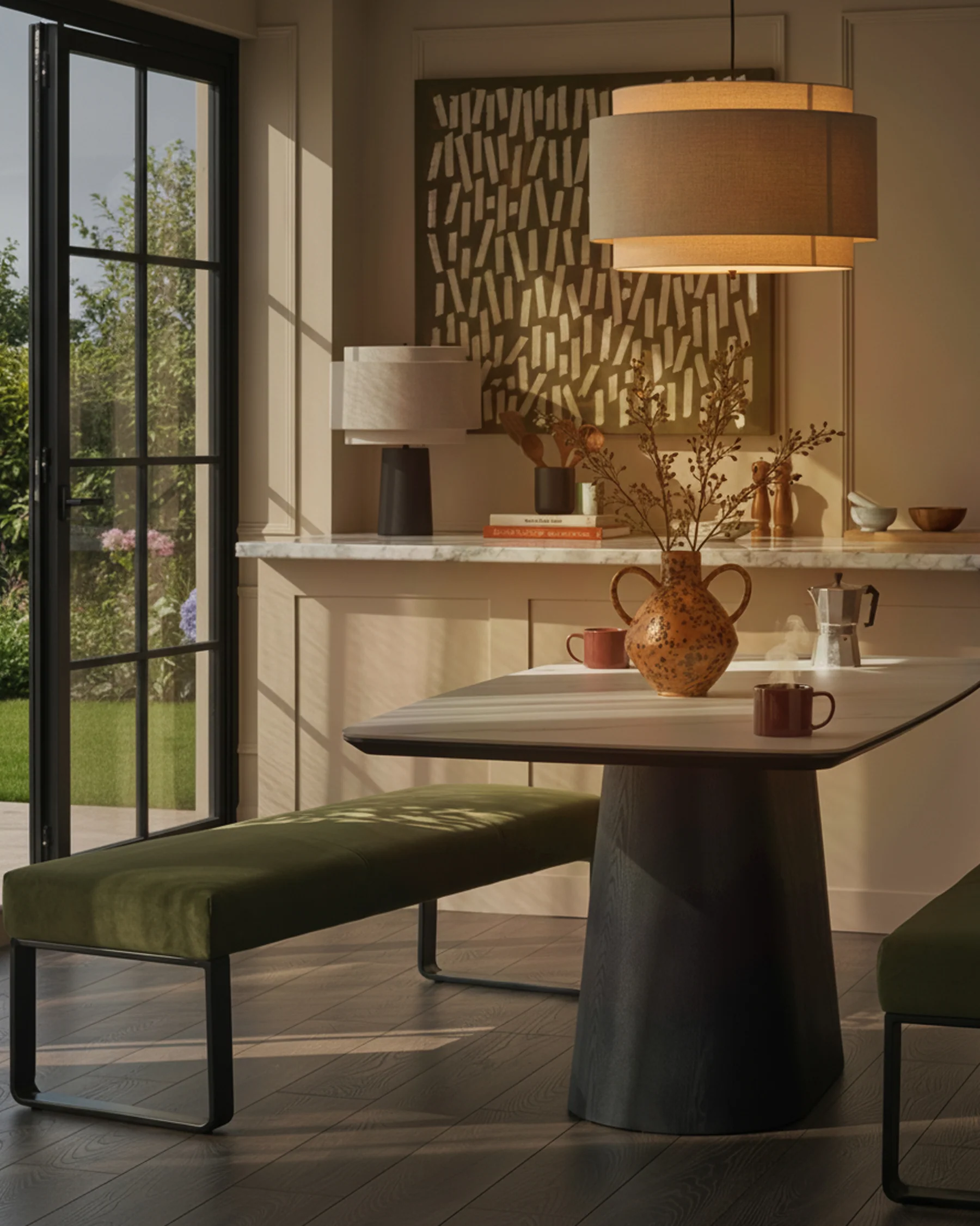 Loop olive green velvet 3 seater black metal dining bench without backrest - Image 5