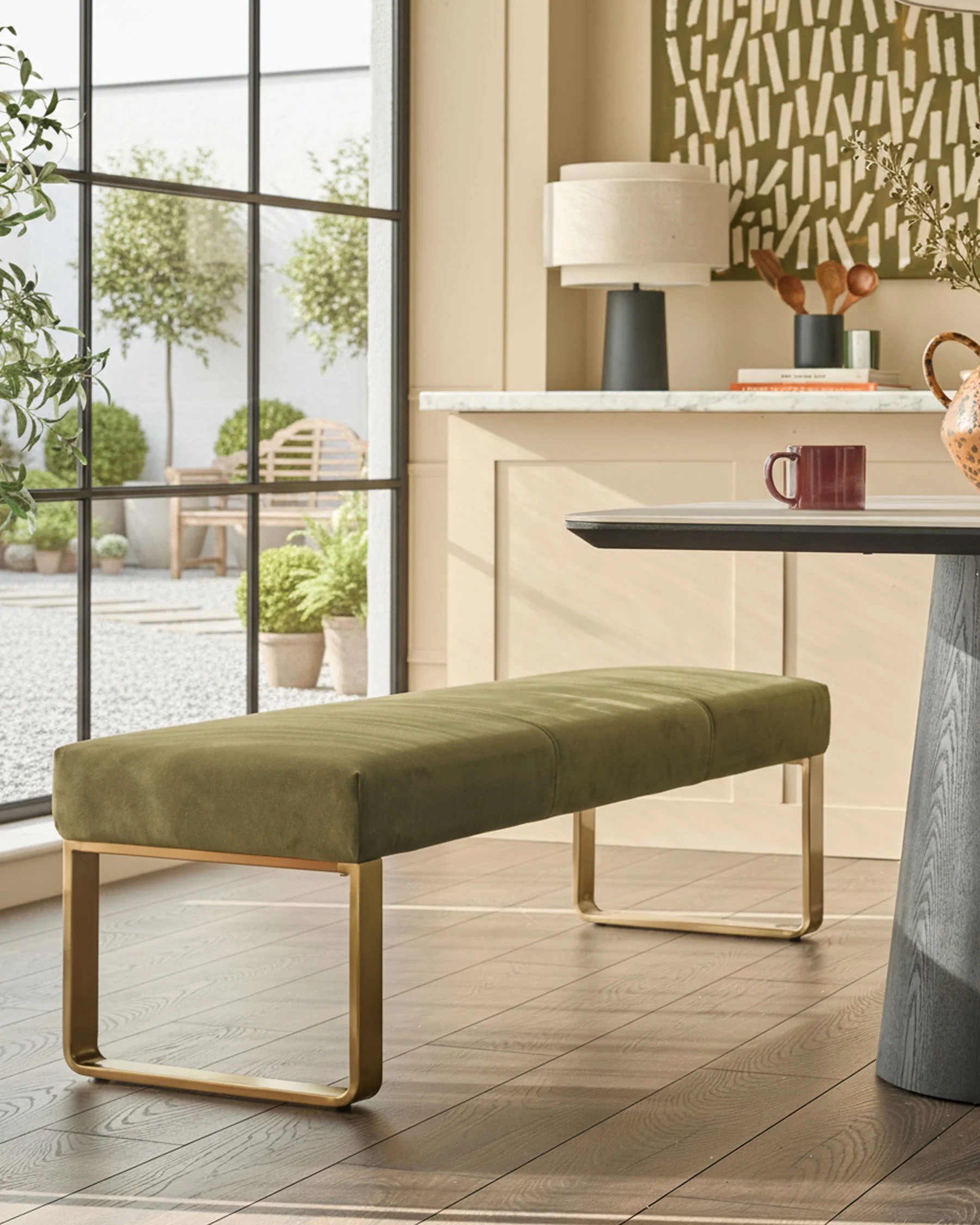 Loop olive green velvet brushed brass 3 seater dining bench without backrest