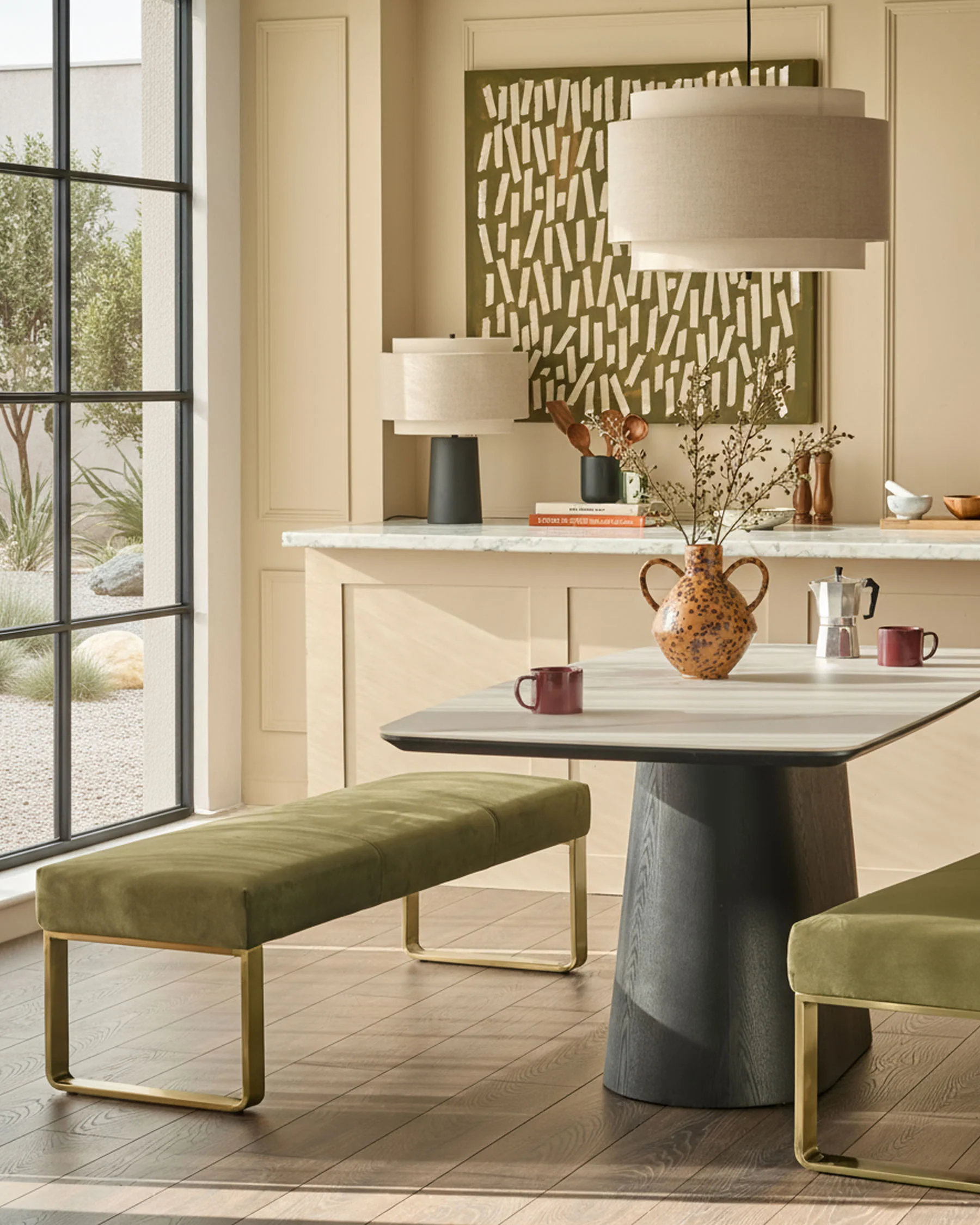 Loop olive green velvet brushed brass 3 seater dining bench without backrest - Image 2