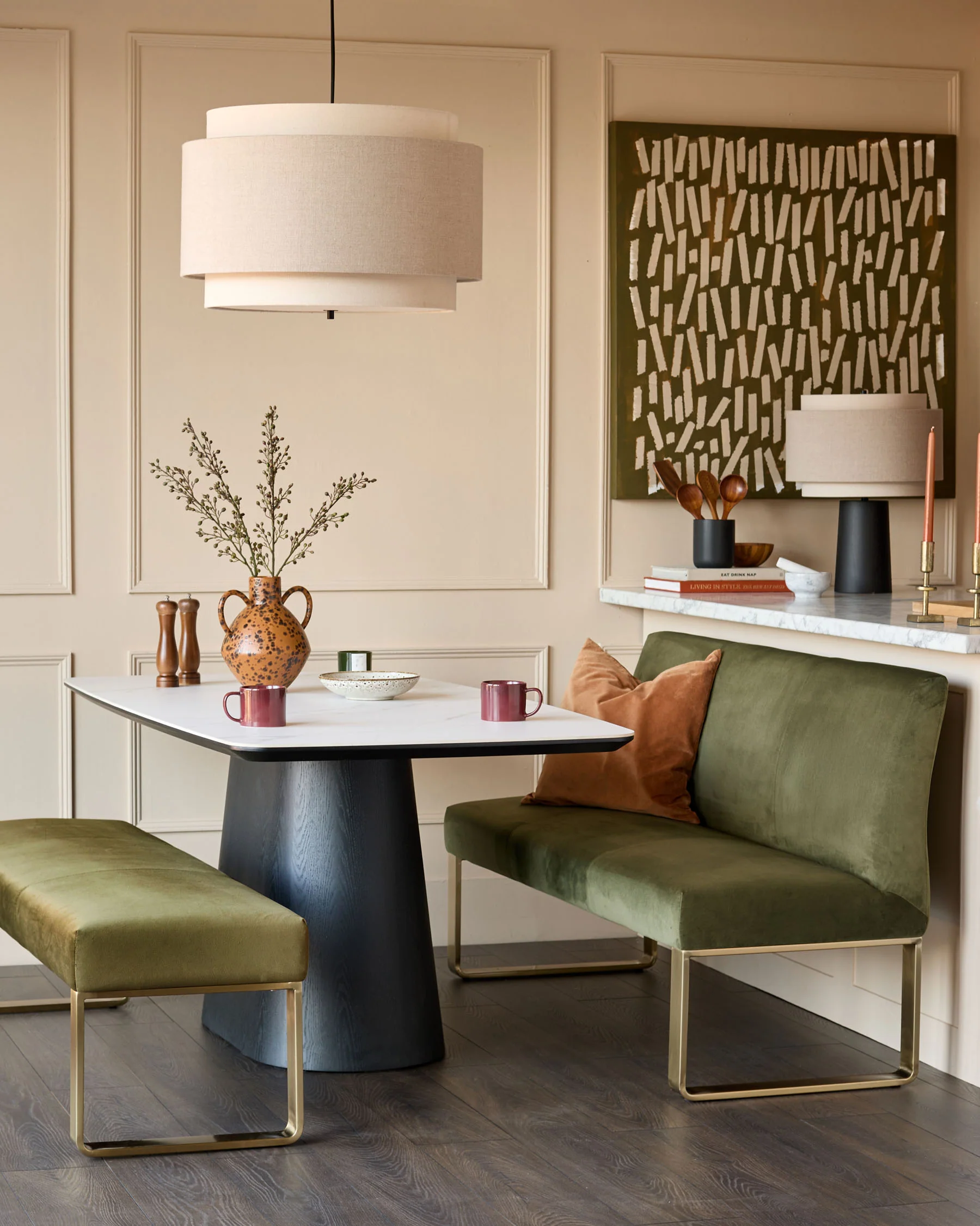 Loop olive green velvet brushed brass 3 seater dining bench without backrest - Image 4