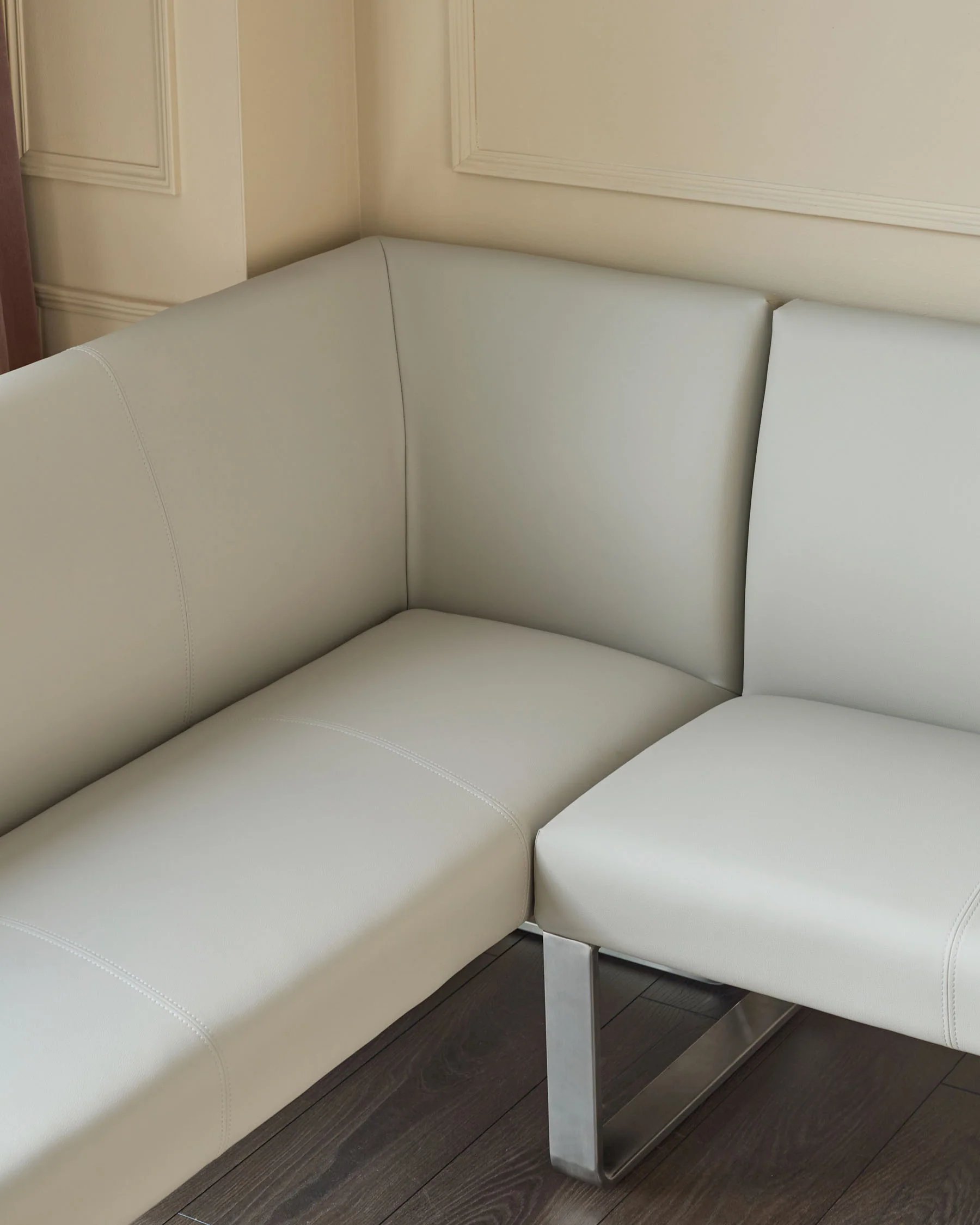 Loop 5 Seater Light Grey Faux Leather & Stainless Steel Left Hand Corner Dining Bench - Image 5