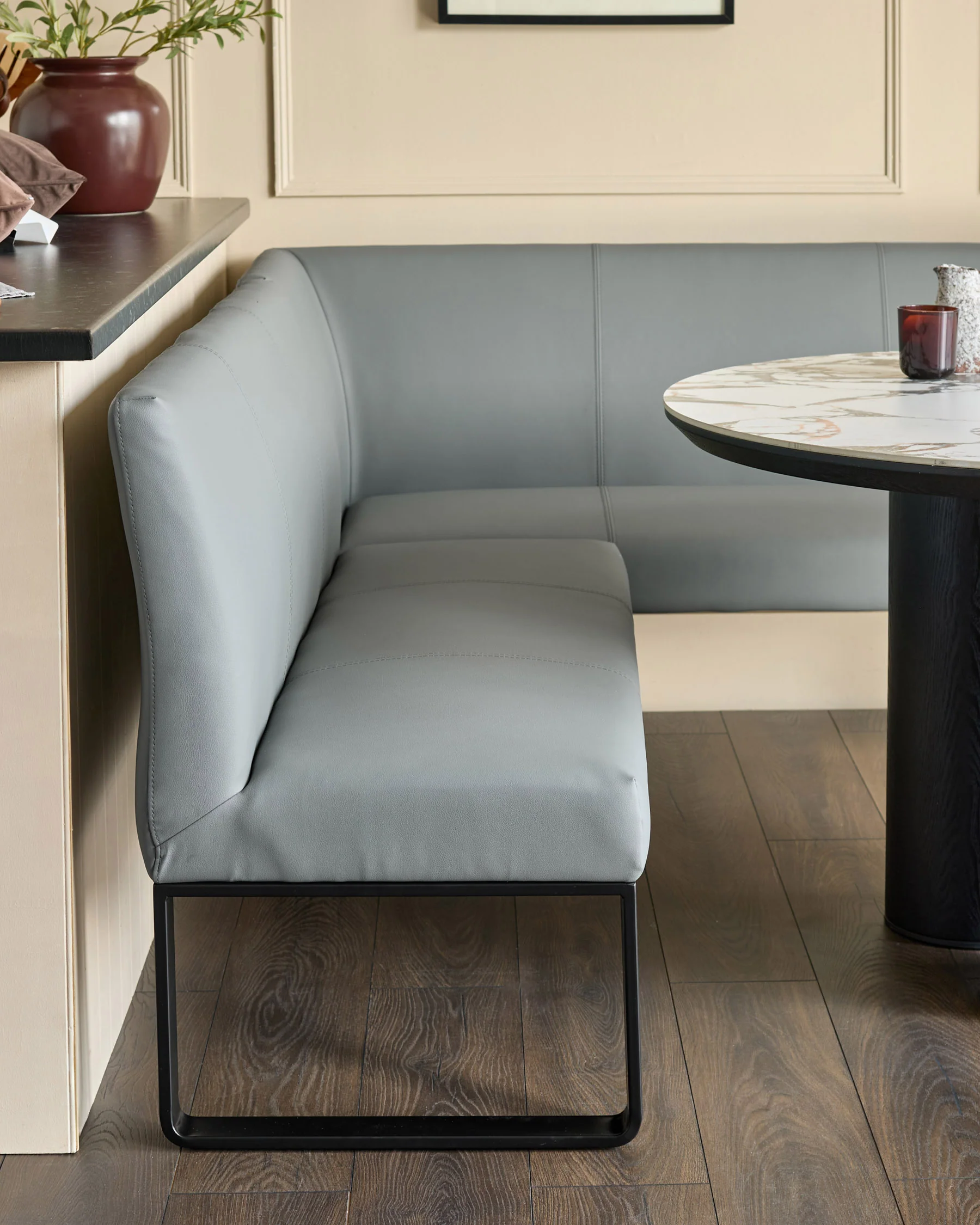 Loop 5 Seater Faux Leather Mid Grey Left Hand Corner Dining Bench - Image 3