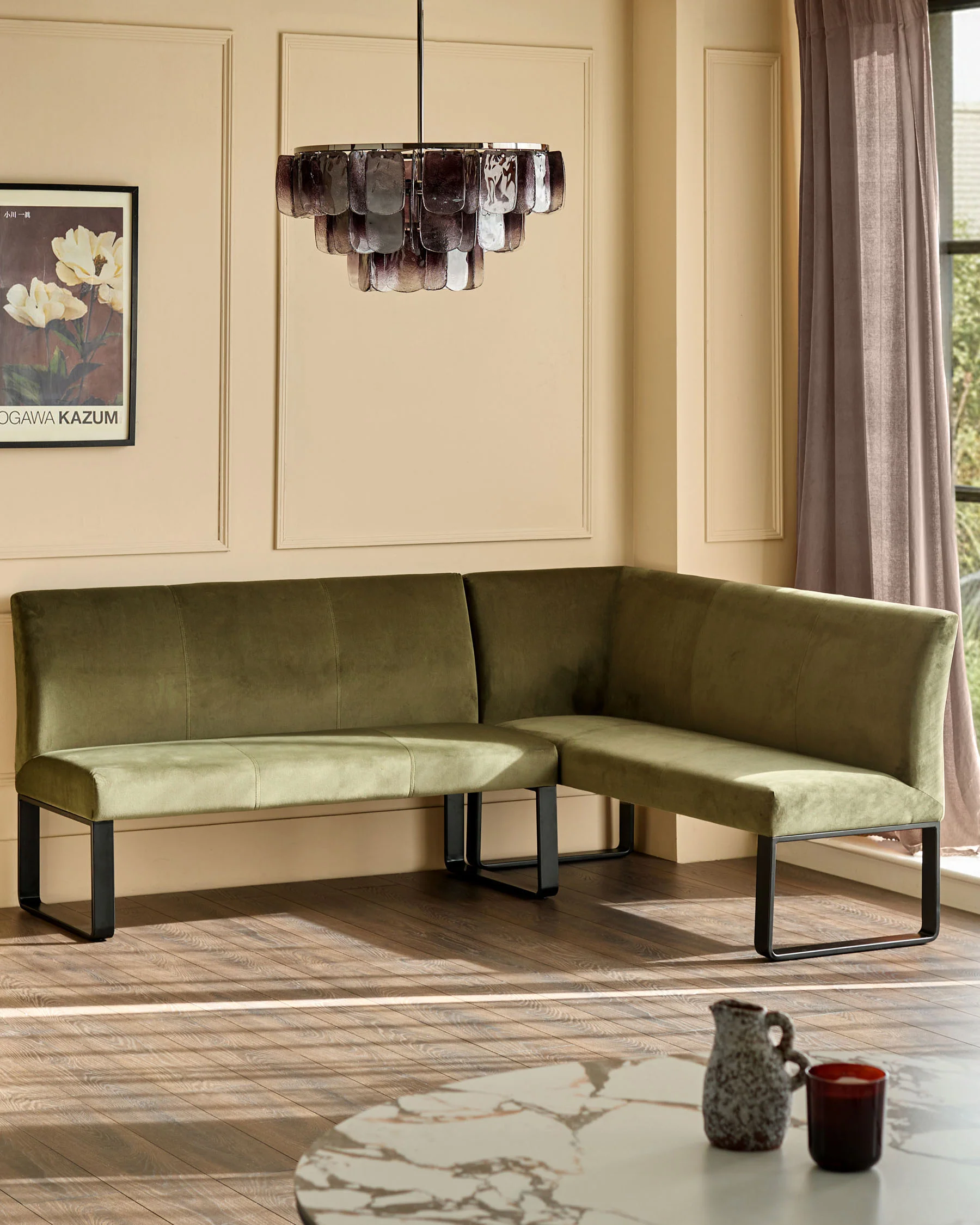 Loop olive green velvet black metal left hand corner 5 seater dining bench