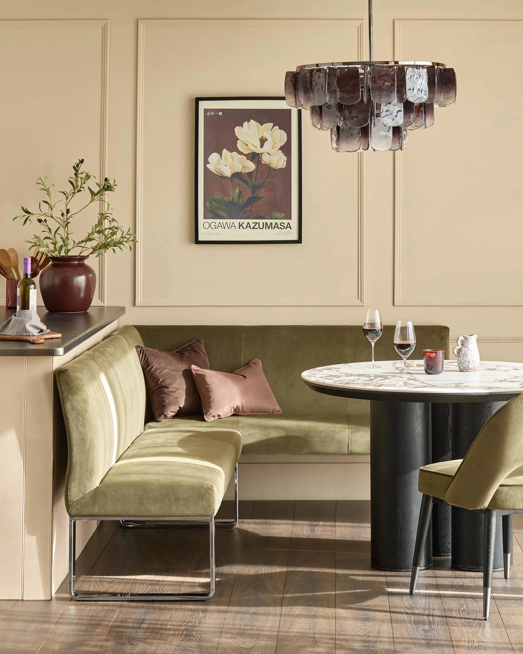Loop olive green velvet chrome left hand corner 5 seater dining bench - Image 2
