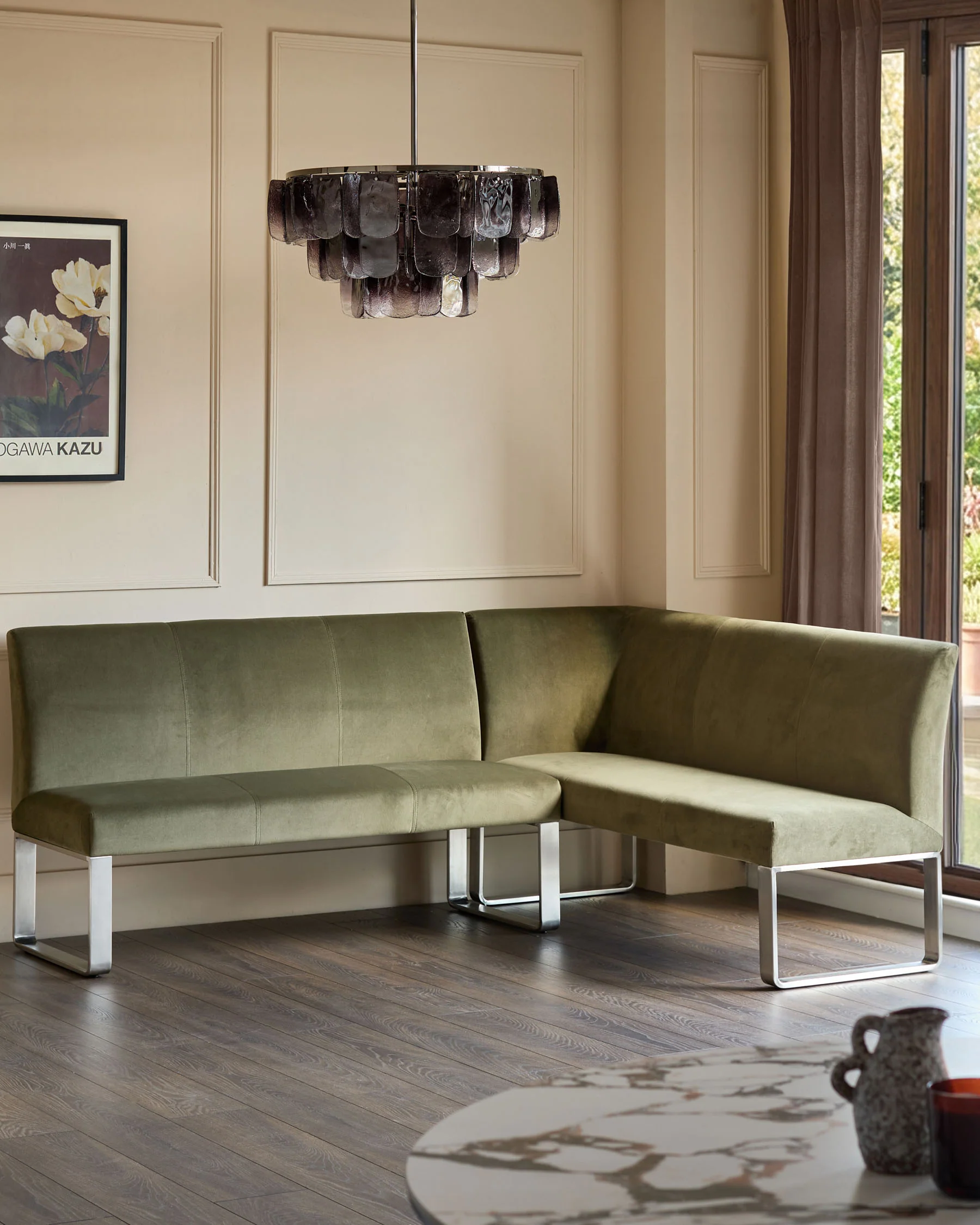 Loop olive green velvet stainless steel left hand corner 5 seater dining bench