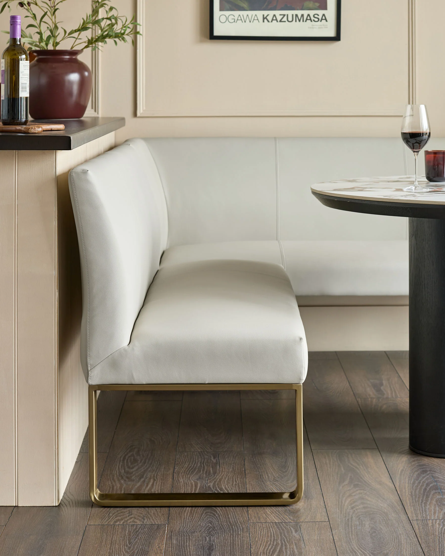 Loop light grey faux leather left hand corner 5 seater brushed brass leg dining bench - Image 3