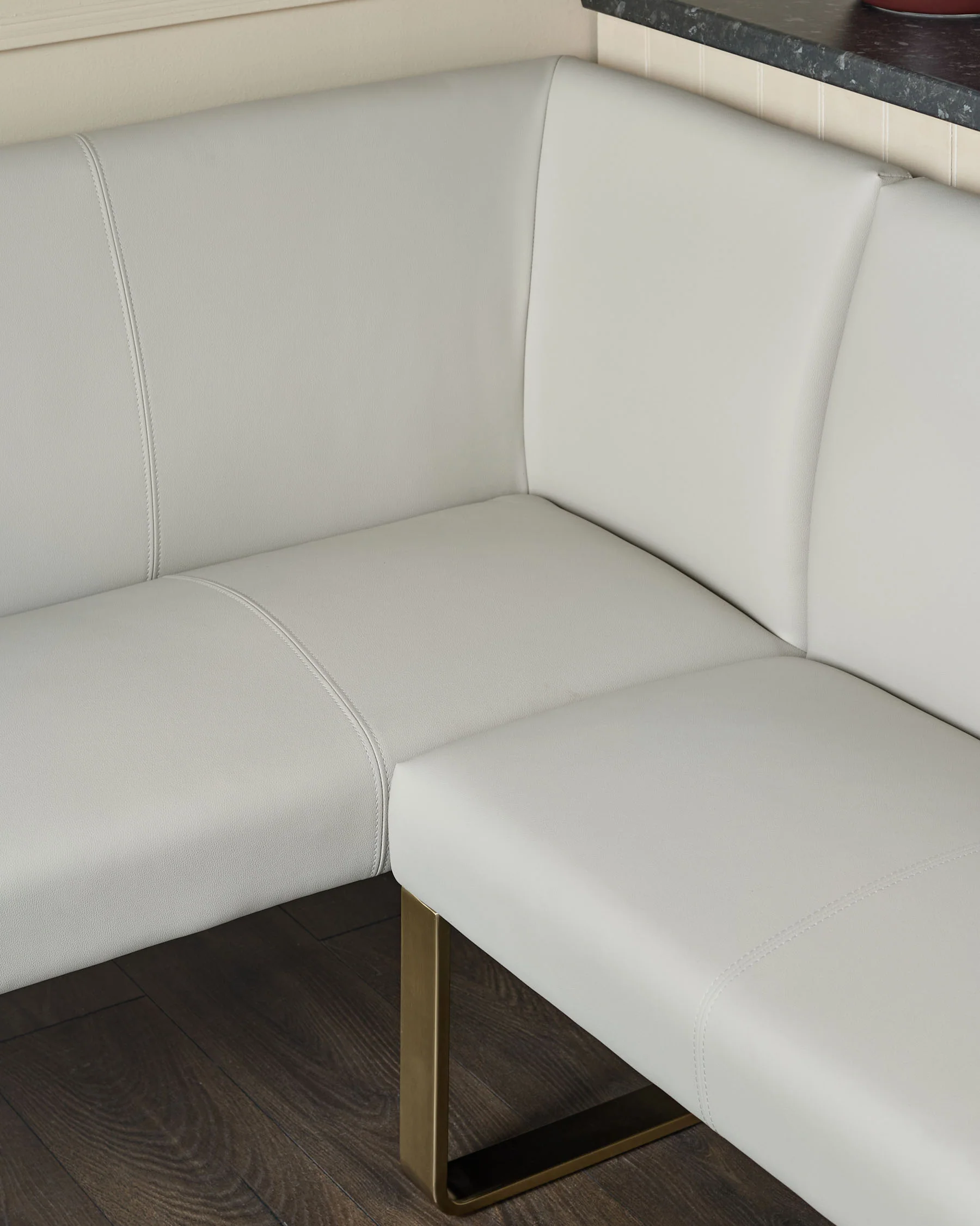 Loop light grey faux leather left hand corner 5 seater brushed brass leg dining bench - Image 6