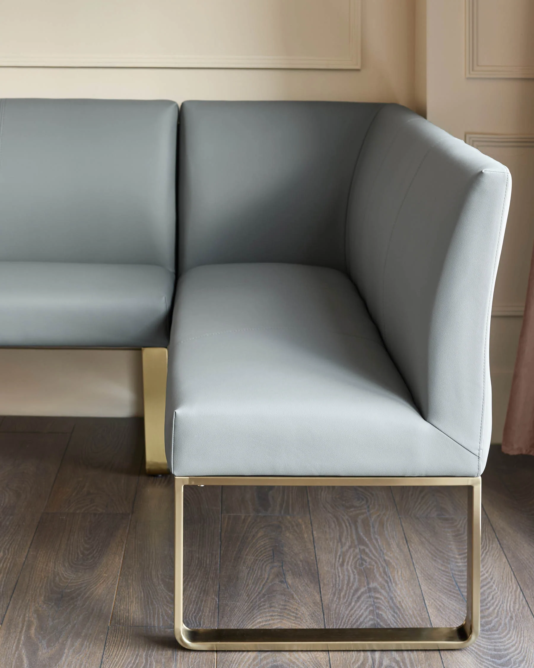 Loop mid grey faux leather left hand corner 5 seater brushed brass leg dining bench - Image 3