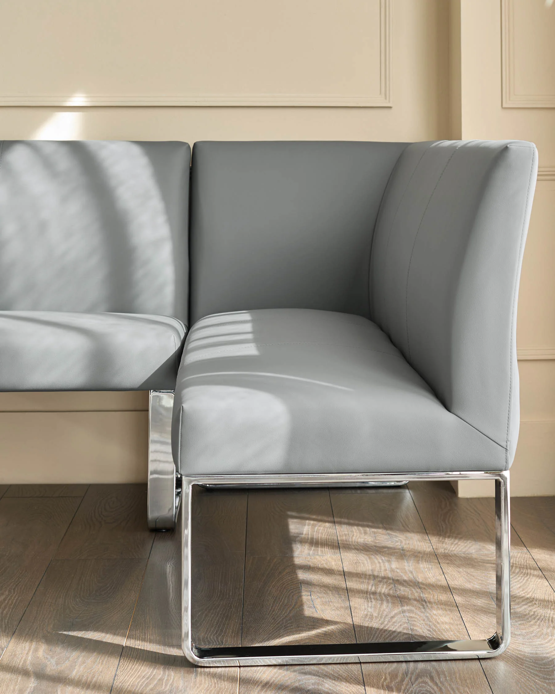 Loop mid grey faux leather left hand corner 5 seater chrome leg dining bench - Image 3