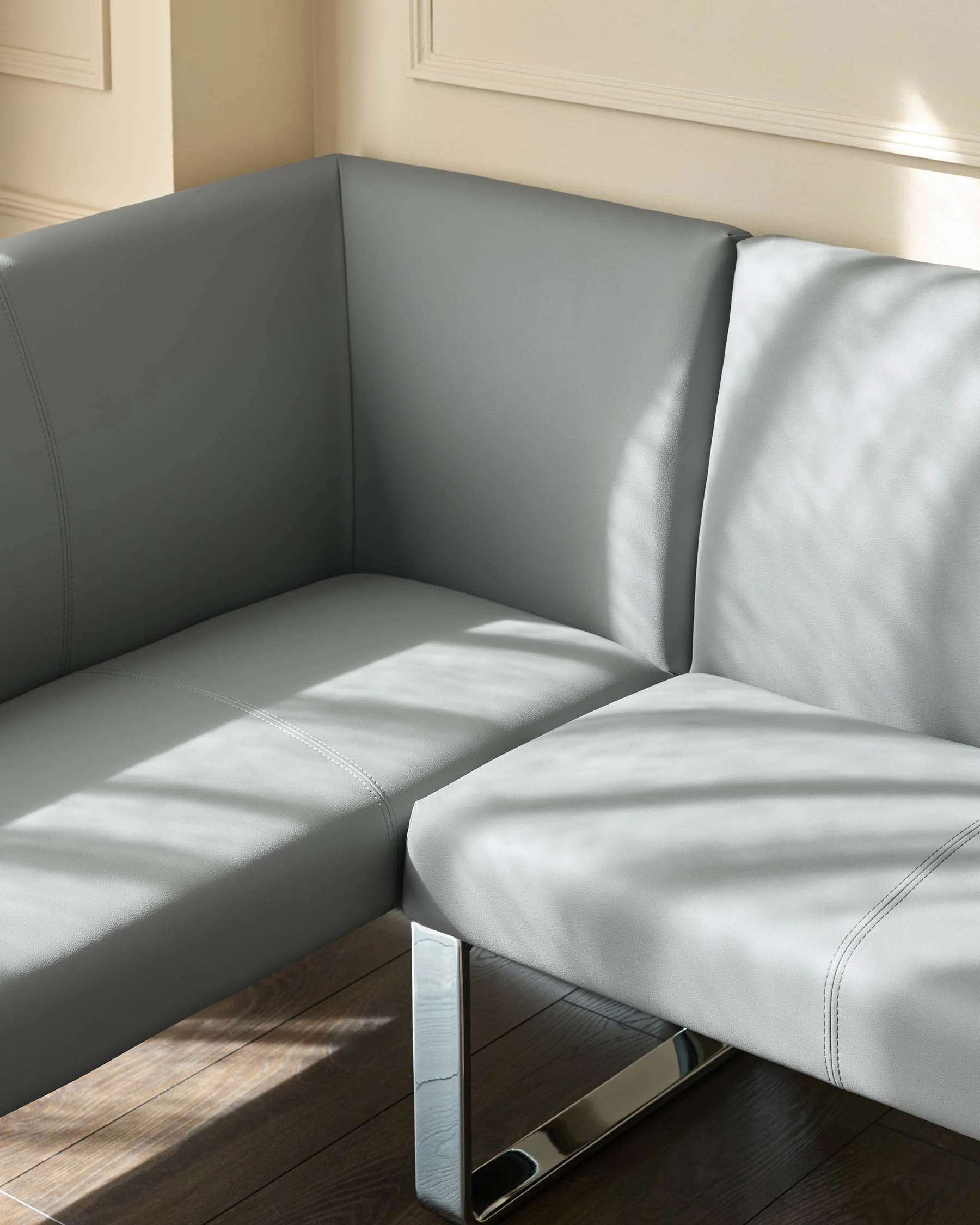 Loop mid grey faux leather left hand corner 5 seater chrome leg dining bench - Image 6