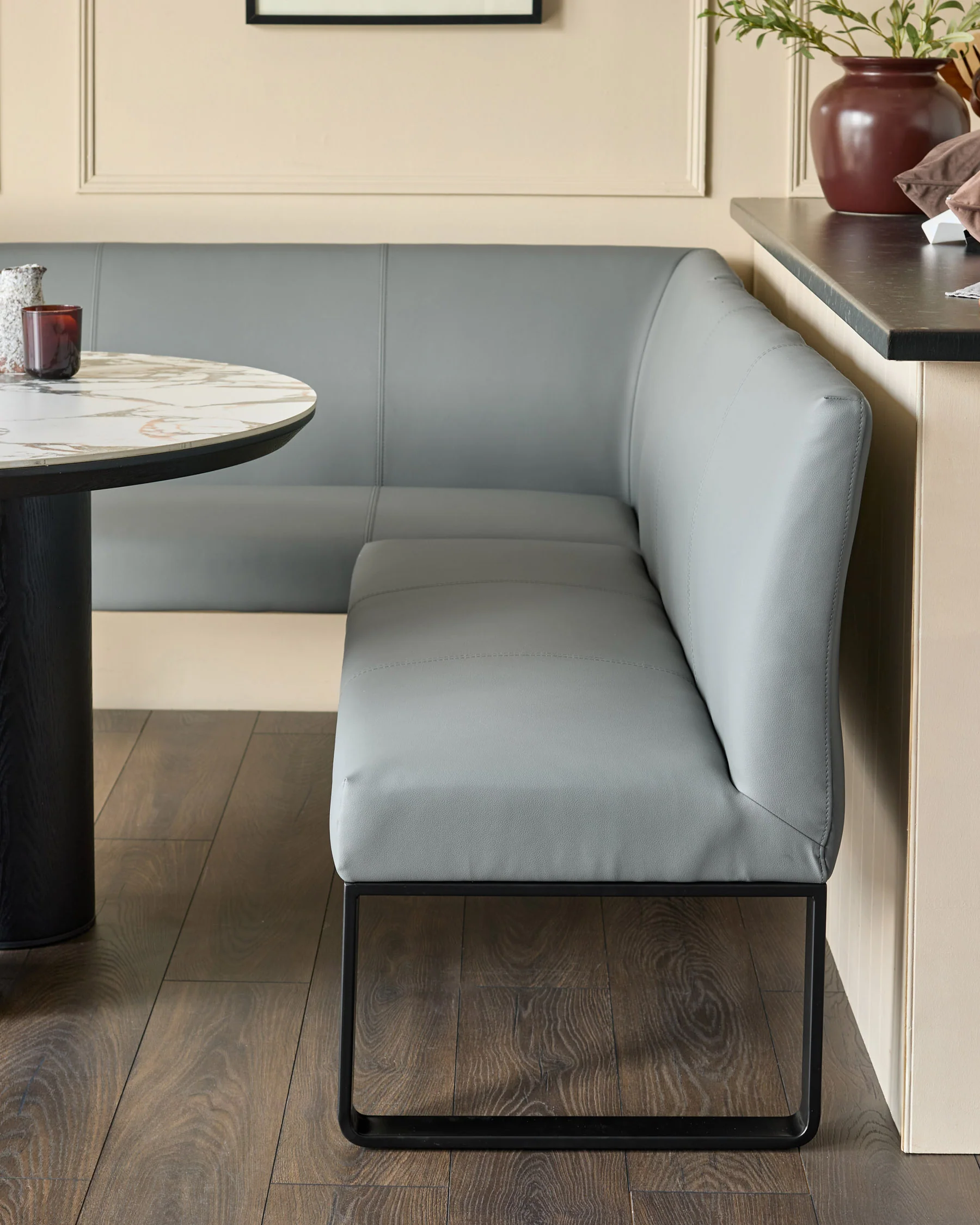 Loop 5 Seater Mid Grey Faux Leather Right Hand Corner Dining Bench - Image 3