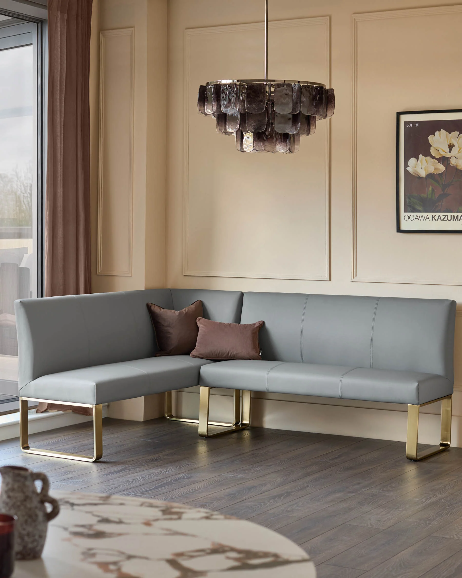 Loop mid grey faux leather right hand corner 5 seater brushed brass leg dining bench