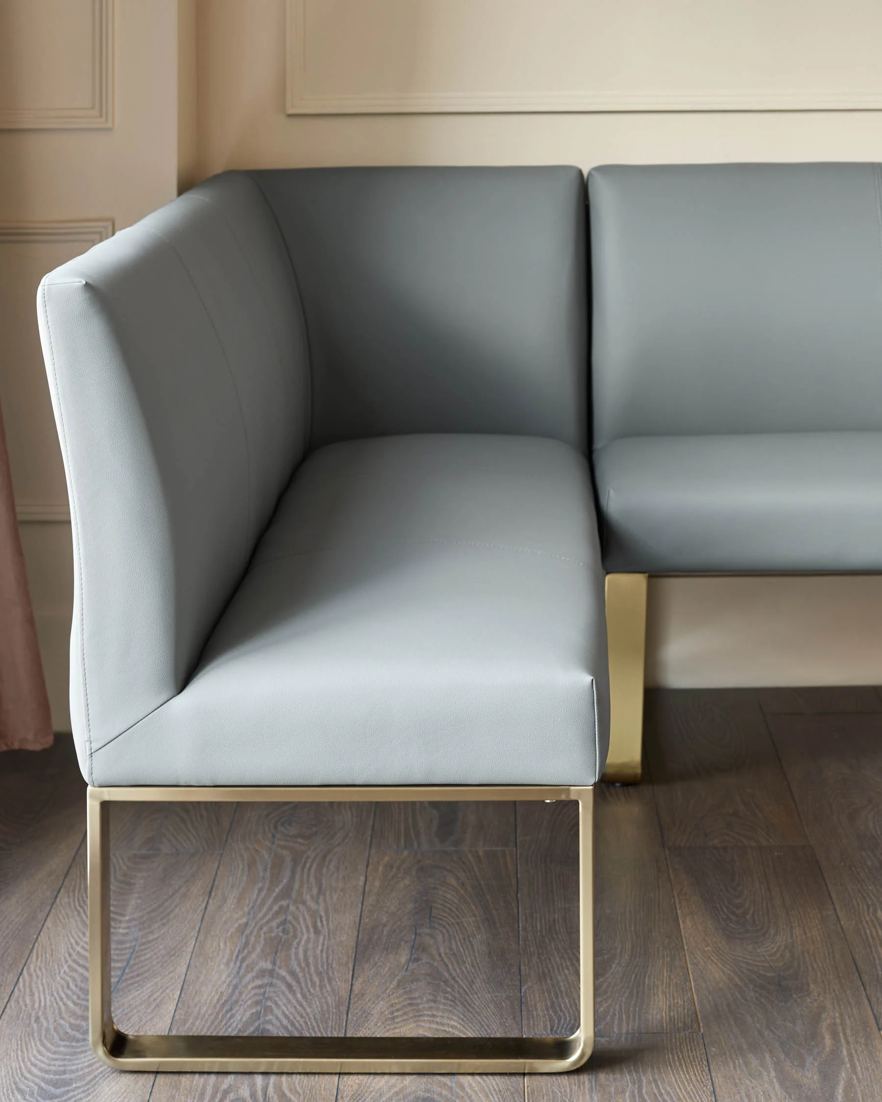 Loop mid grey faux leather right hand corner 5 seater brushed brass leg dining bench - Image 3