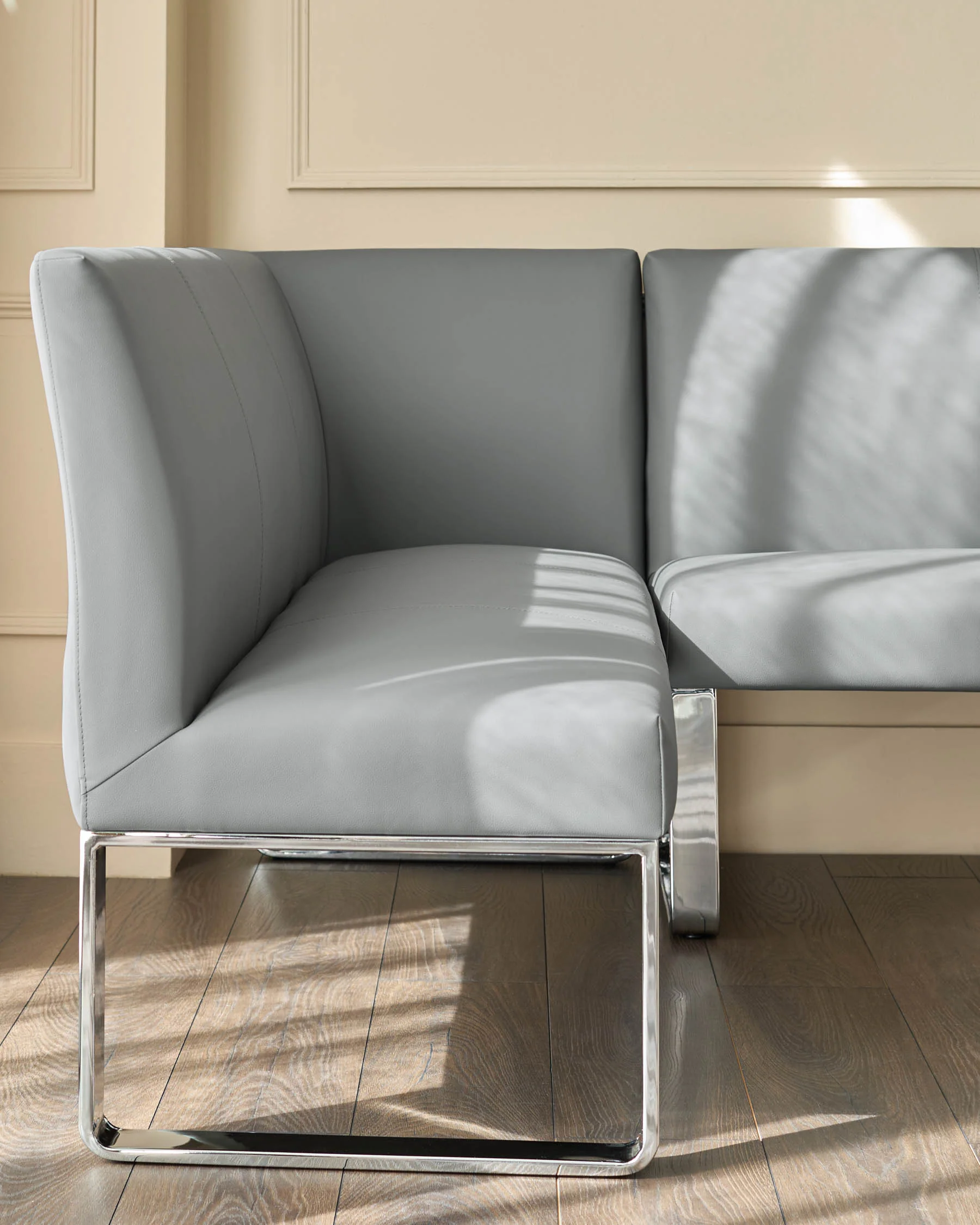 Loop mid grey faux leather right hand corner 5 seater chrome leg dining bench - Image 3