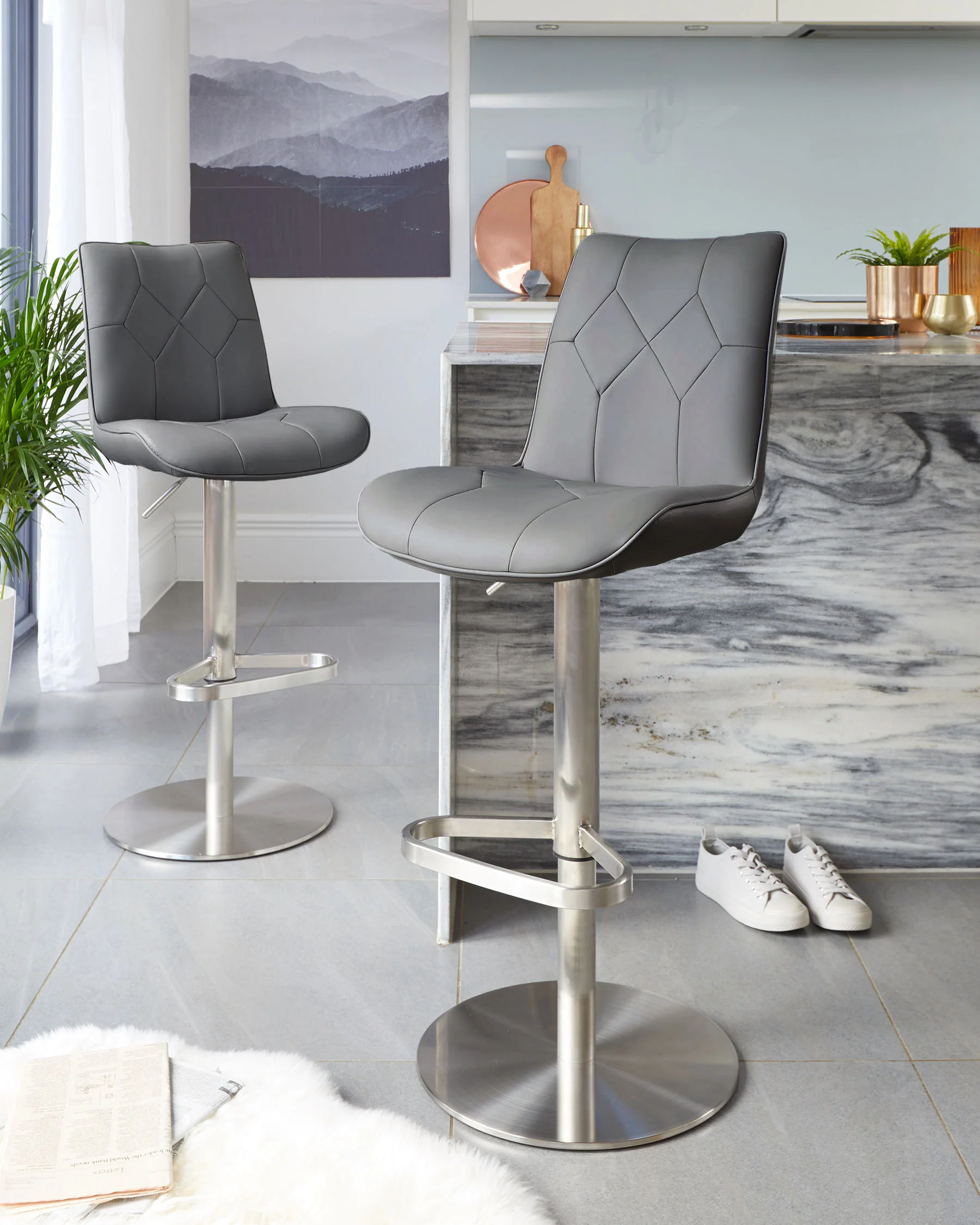 Lumos Dark Grey Faux Leather Stainless Steel Gas Lift Bar Stool - Image 2