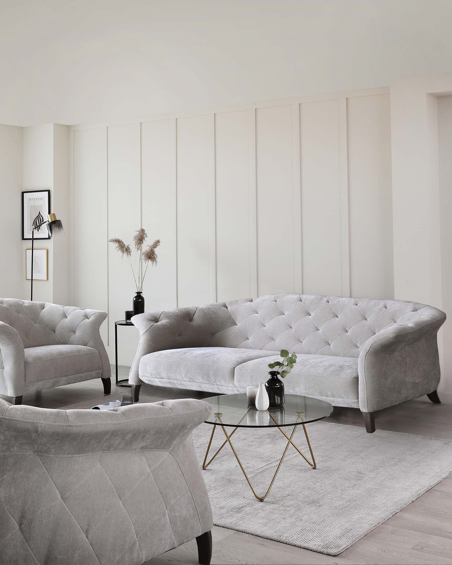 Luxe Large 3 Seater Light Grey Fabric Chesterfield Sofa - Image 9