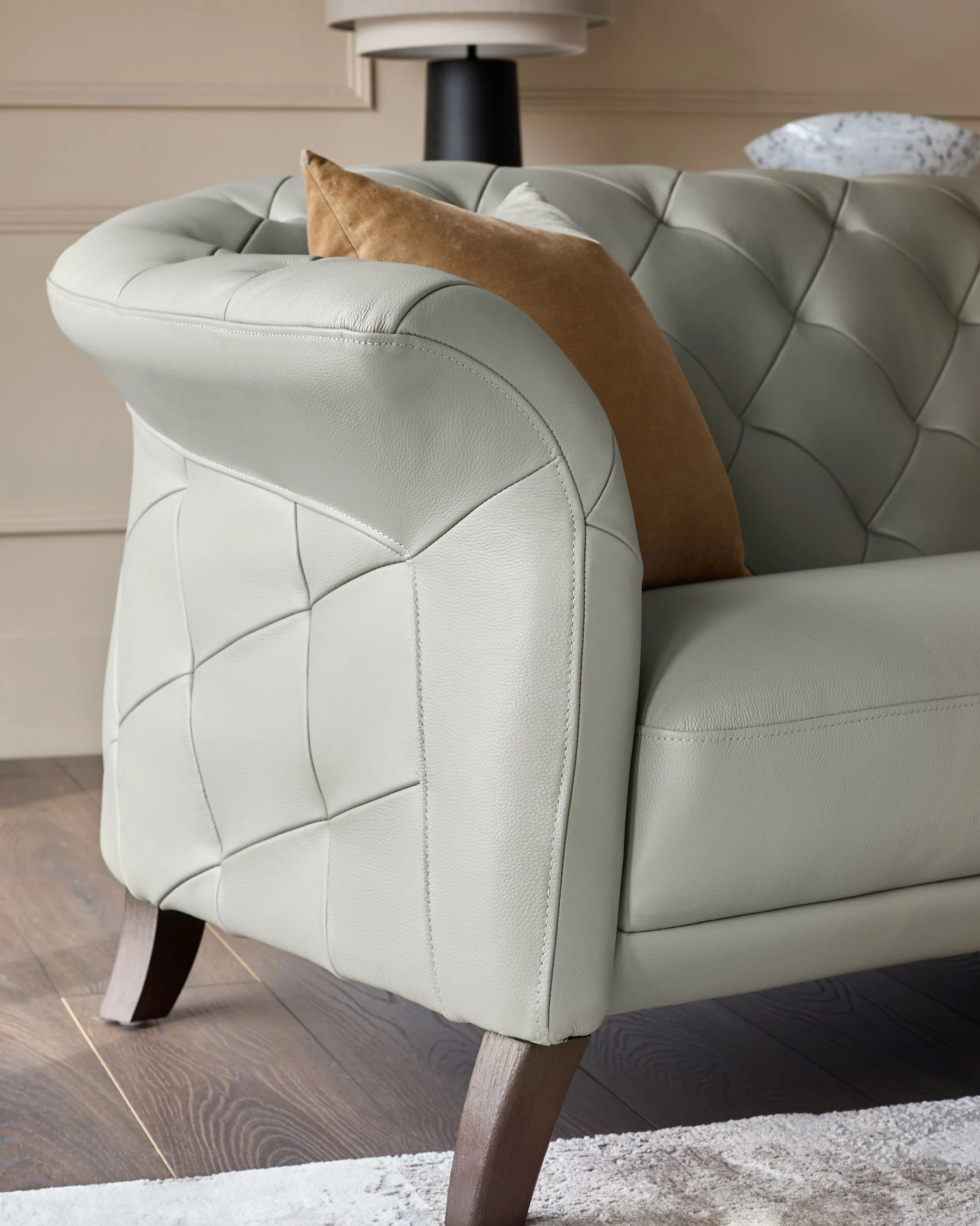 Luxe natural grey leather with dark wood 3 seater sofa - Image 3