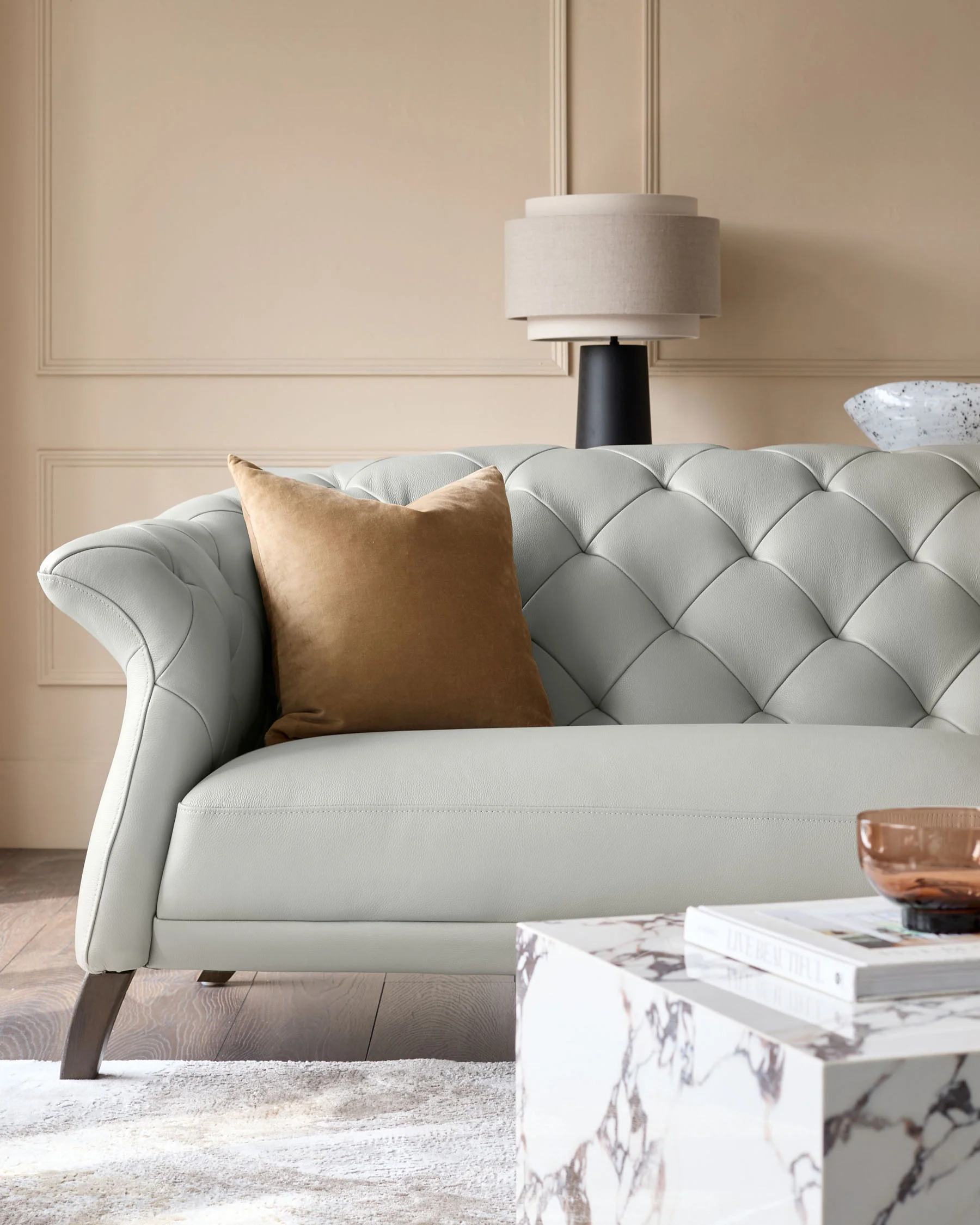 Luxe natural grey leather with dark wood 3 seater sofa - Image 5