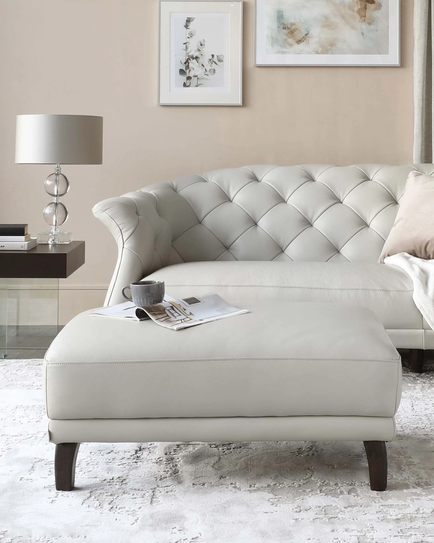 Luxe Modern Natural Grey Leather With Dark Wood Leg Footstool - Image 3