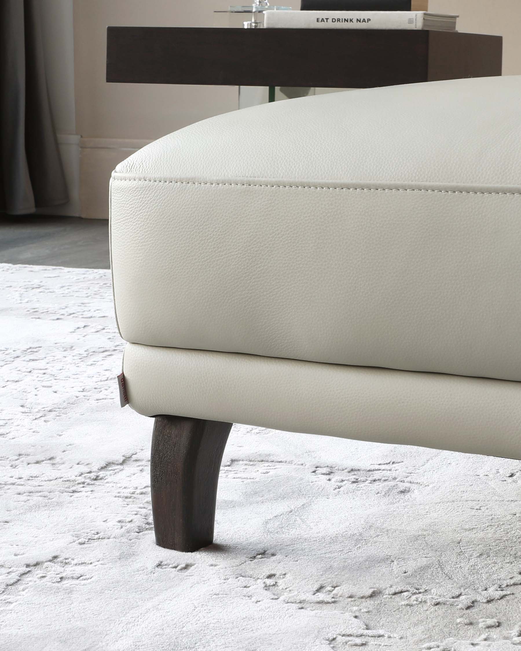 Luxe Modern Natural Grey Leather With Dark Wood Leg Footstool - Image 5