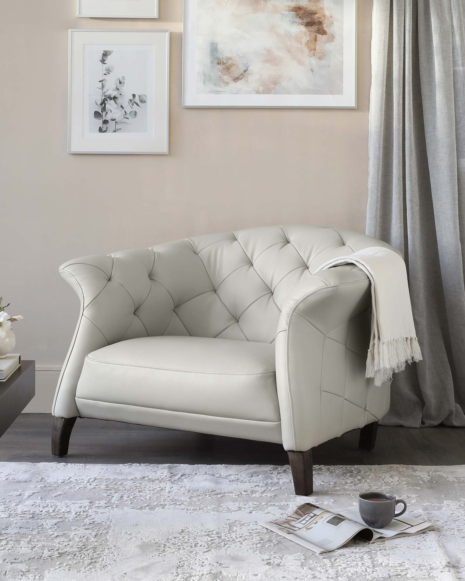 Luxe Modern Natural Grey Leather And Dark Wood Leg Armchair - Image 3