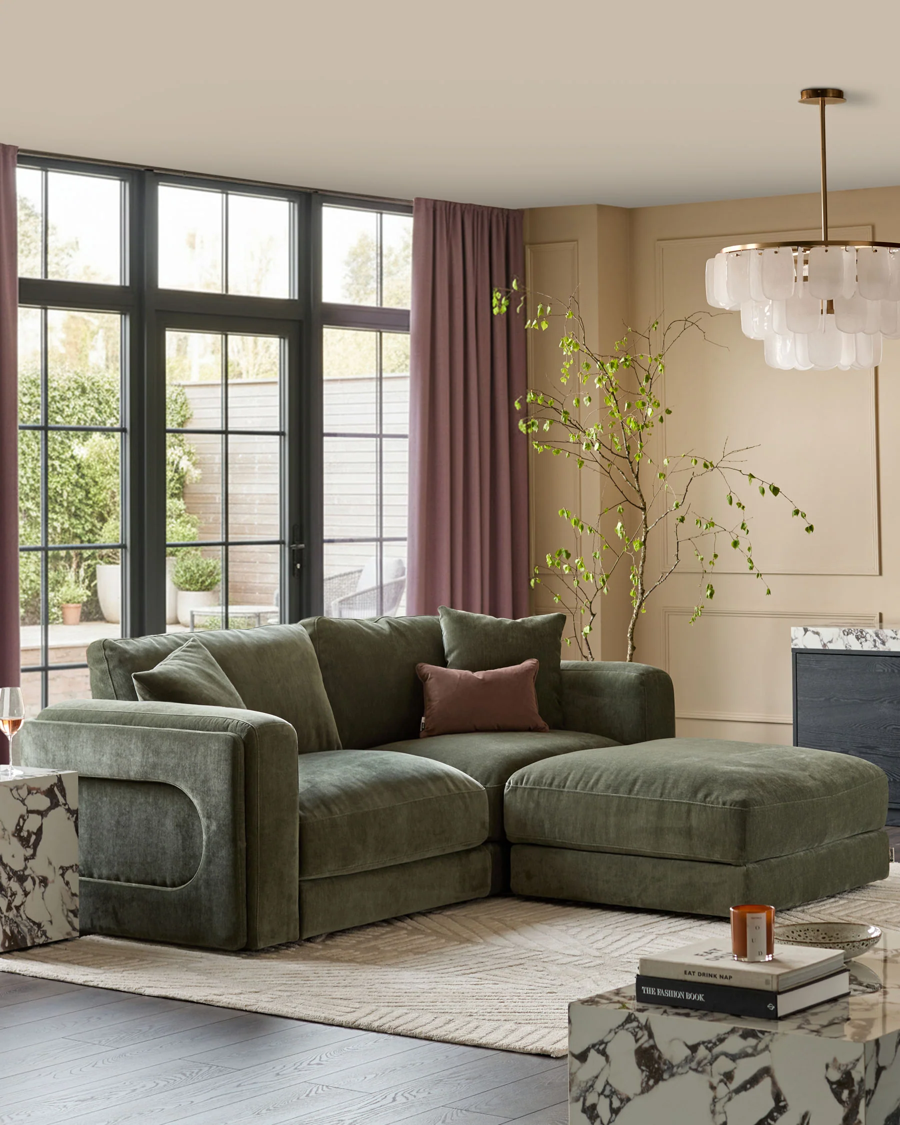 Lynetta dark green chenille 3 seater sofa with footstool