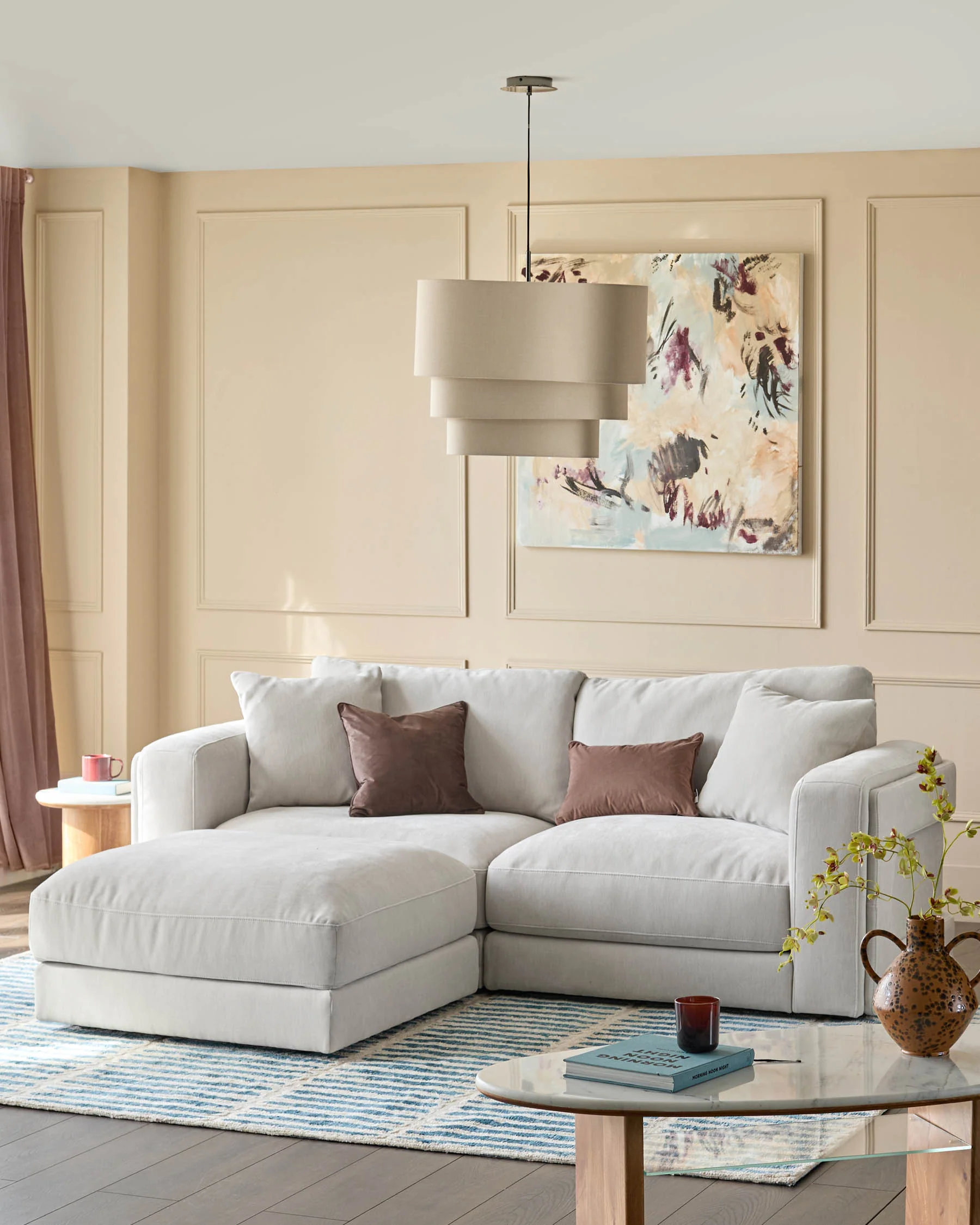 Lynetta natural grey chenille 3 seater sofa with footstool