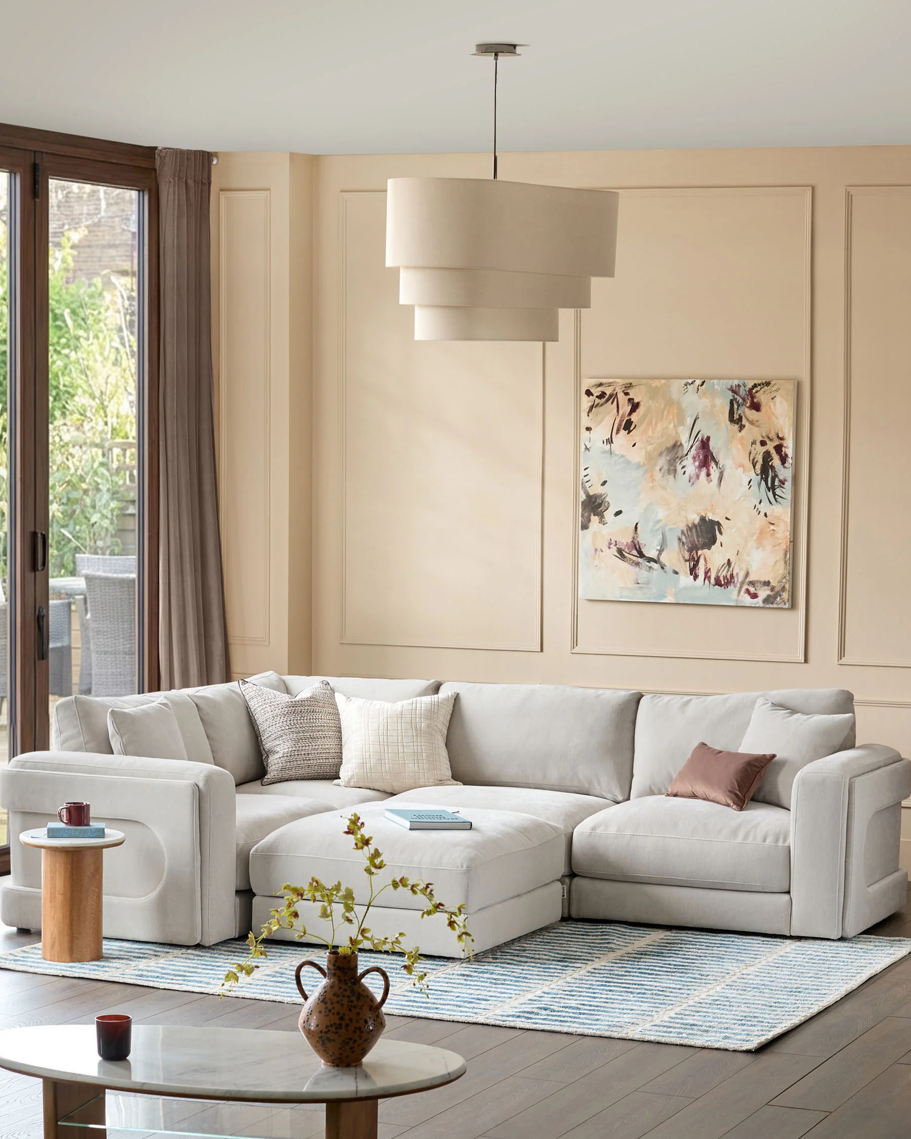 Lynetta natural grey chenille small corner sofa with footstool