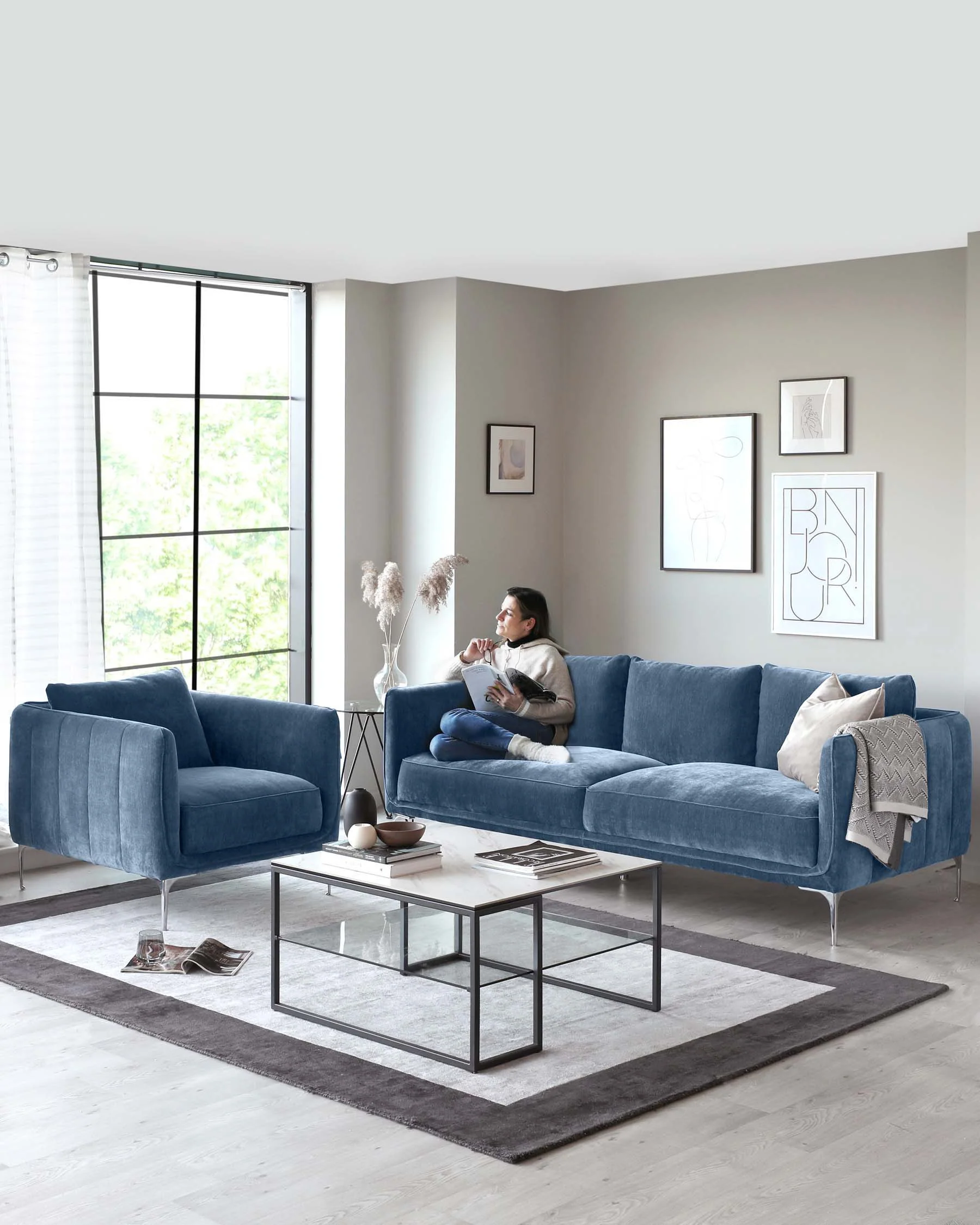 Margot Blue Fabric 3 Seater Sofa and Armchair - Image 2