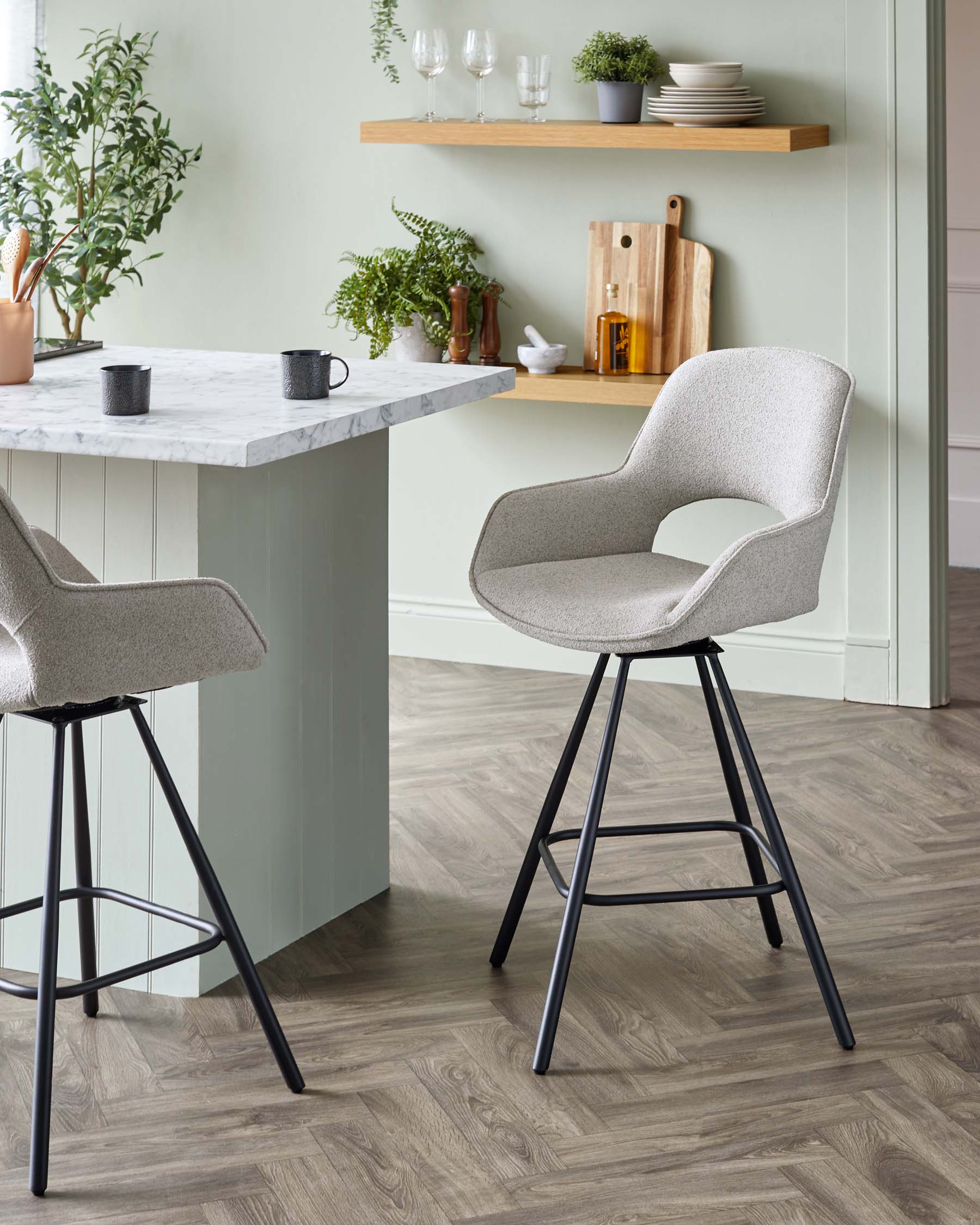 Marlow Swivel Black Metal Bar Stool Light Grey Boucle - Image 8