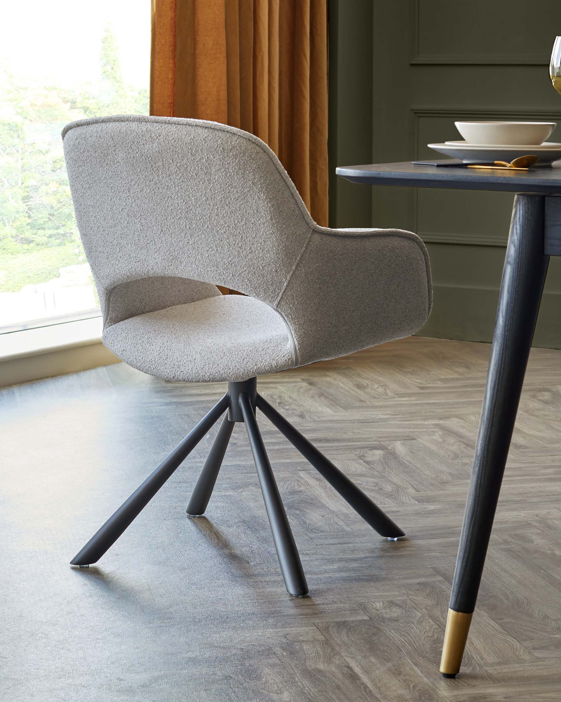 Marlow Swivel Black Metal Dining Chairs Light Grey Boucle - Image 3