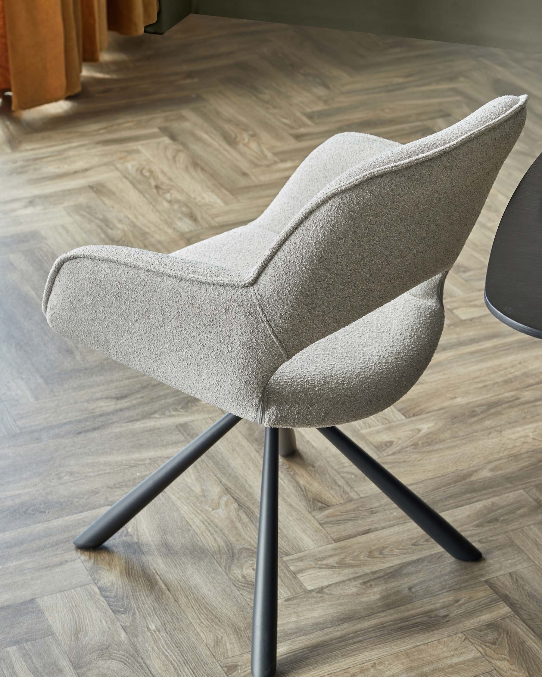 Marlow Swivel Black Metal Dining Chairs Light Grey Boucle - Image 4