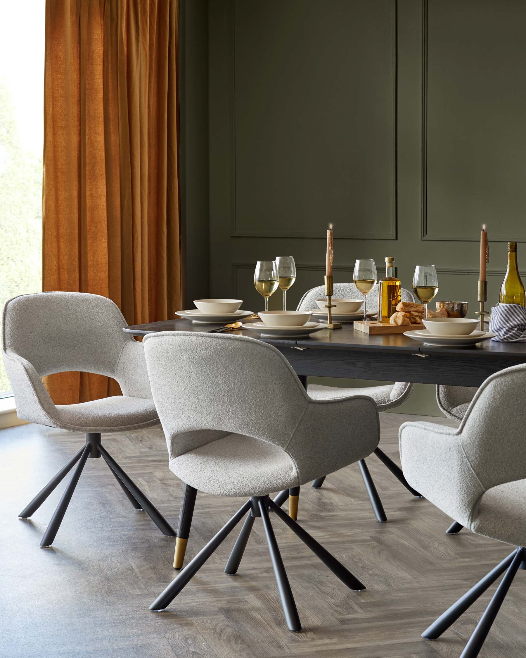 Marlow Swivel Black Metal Dining Chairs Light Grey Boucle - Image 5