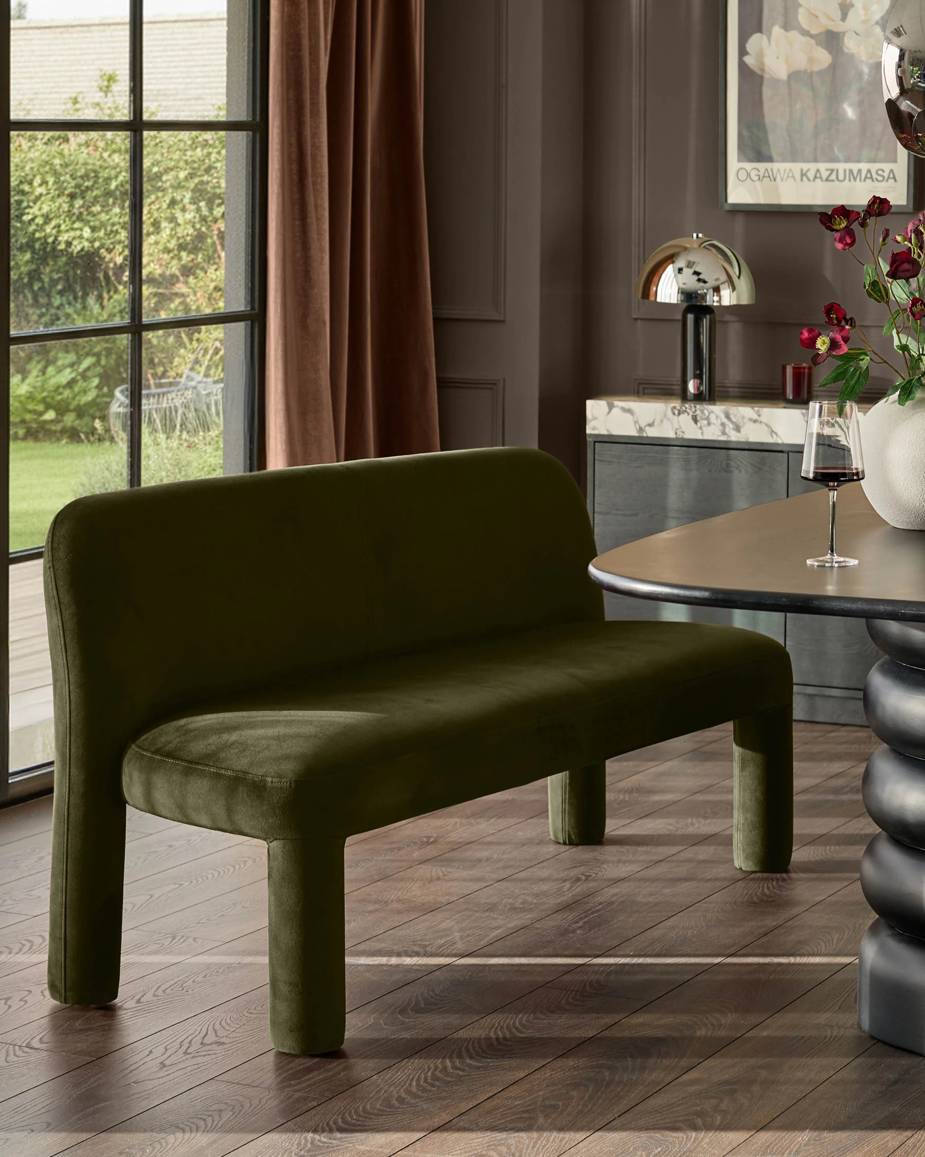 Mason olive green velvet 3 seater dining bench